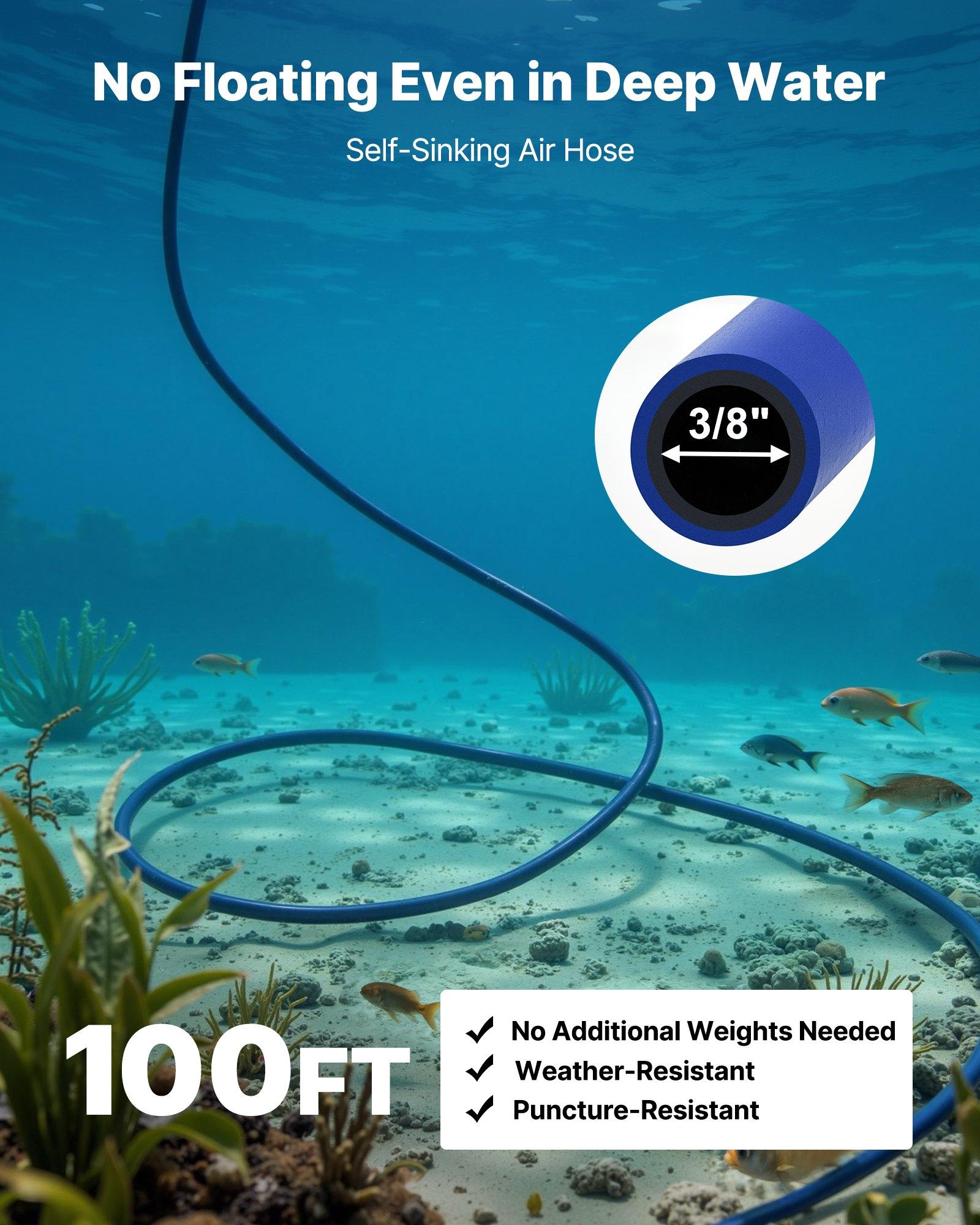 VEVOR Pond Aerator System, 3/4 HP Air Compressor (5.2CFM), 1 Diffuser, 100' Weighted Tubings, Deep Water Oxygen Boost Pump for Max 3-Acre Outdoor Lakes