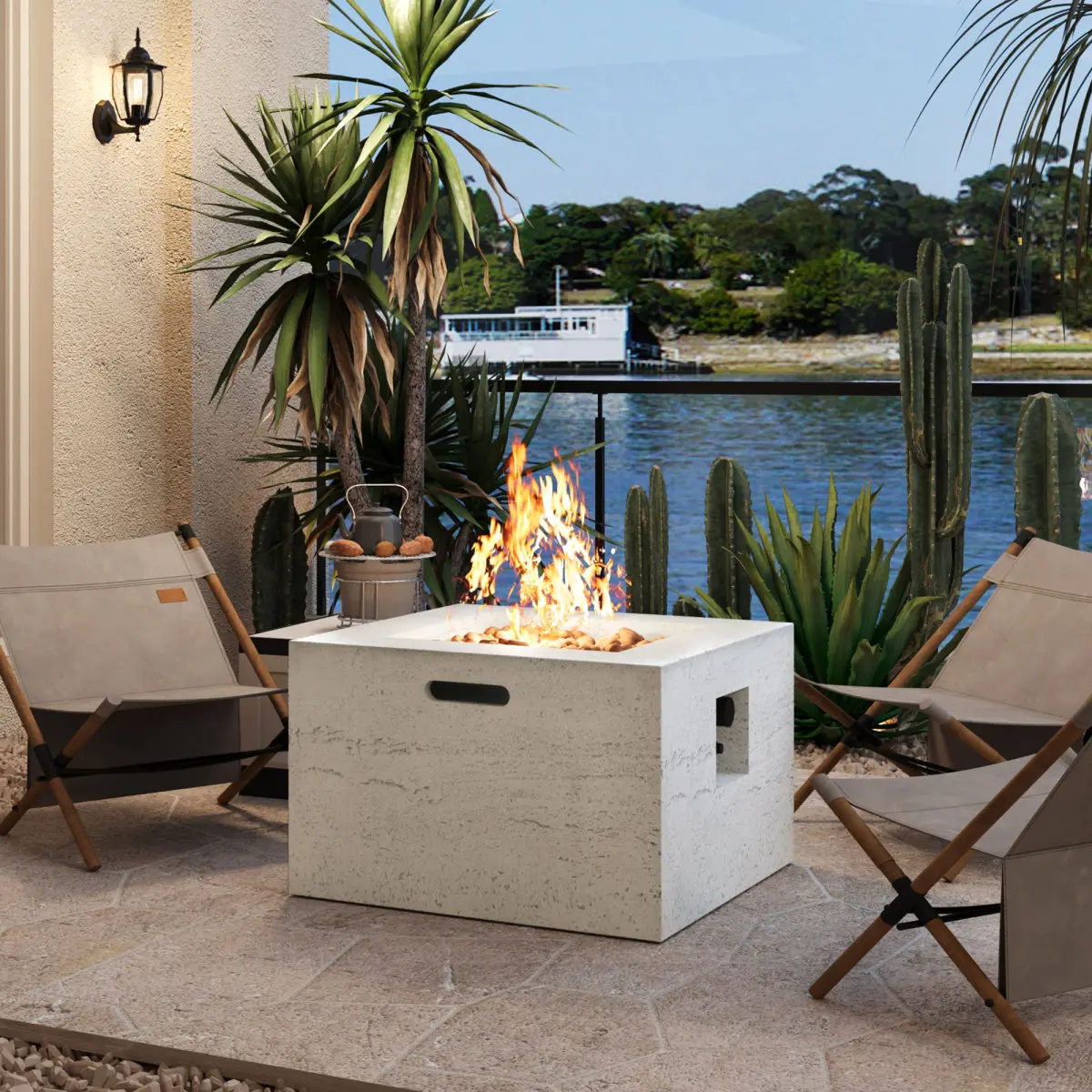 24.02 Inch Square Propane Fire Pit Table, 40,000 BTU Outdoor Gas Firepit with Adjustable Flame, Lava Rocks and Rain Cover, Lightweight MgO Stone Look with Side Handles and 3m Hose for Small Patio, Backyard and Poolside