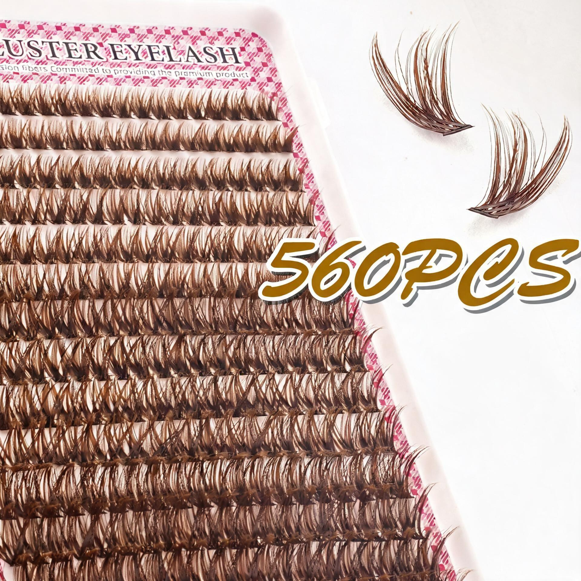 560PCS Brown D-Curl DIY Eyelashes Clusters, Eyelash Extension, Lashes Cluster Extensions, 80D, 8-16mm Mixed Lengths, 0.07mm Thin Band, Natural Fine, Soft & Lightweight, Perfect for Daily, Sports, Dates, Weddings