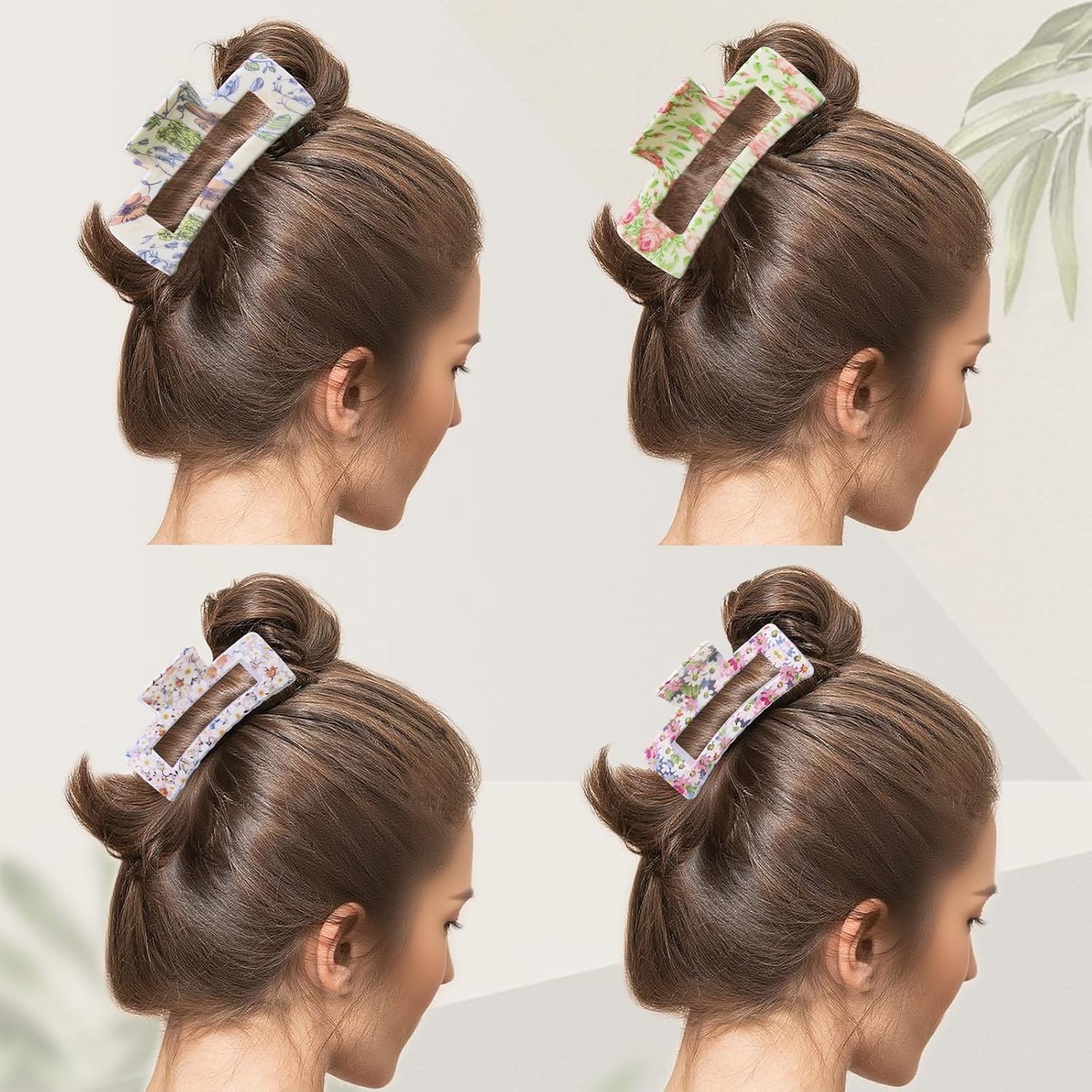 4 count Square Floral Hair Claws Clips for Women, Non-slip Large Medium Claw Clips with  Hold Jaw, Cute Fashion Accessories for Thin Thick Long Curly Hair