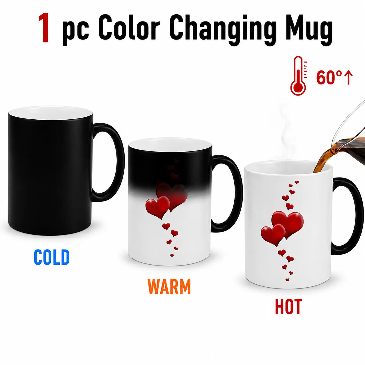 11oz Heat-Sensitive Color Changing Ceramic Mug, Romantic Red Heart Design Peace-Themed Coffee Cup, Valentine’s Day Gift for Her (Wife/Girlfriend)