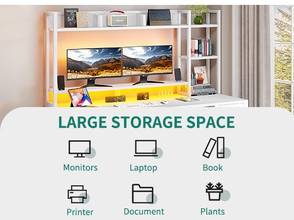 Yitahome Computer Desk with Drawers & Hutch, 59.1" Office Desk with LED Lights & Power Outlets, Gaming Desk with Monitor Stand & Storage Shelves