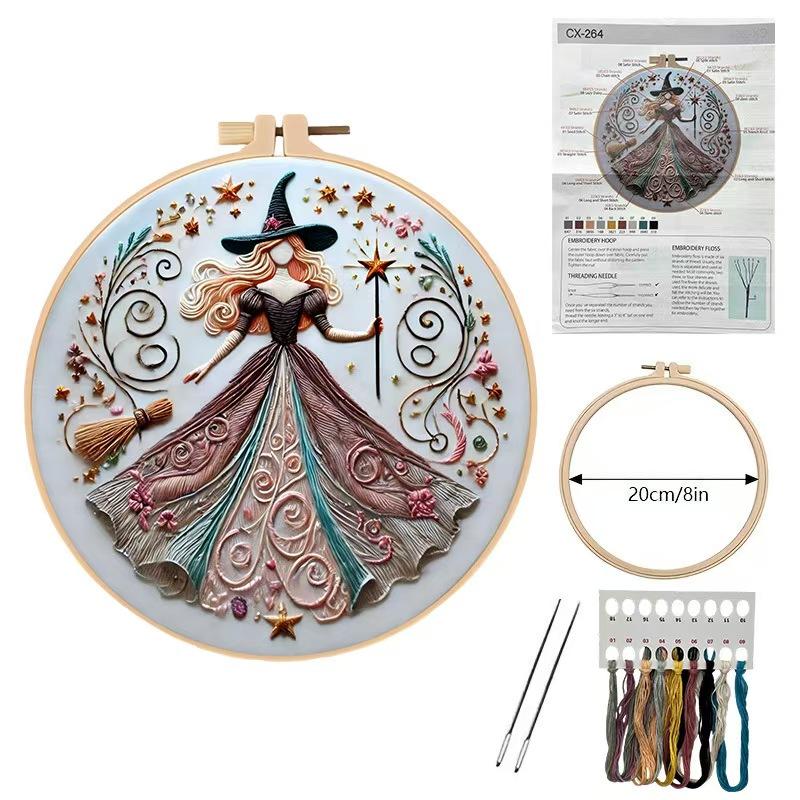 Beginner Embroidery Kit for DIY Lovers, Unique Embroidery Elegant Cross Stitch Set with Witch Design, Includes Cotton Fabric, Threads and Needles, 20cm Bamboo Style Frame, Handicraft