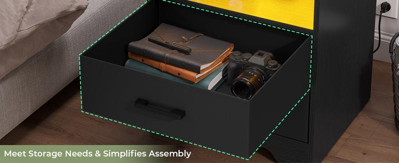 Sikaic 2PCS LED Nightstands with Charging Station and Storage Drawers Black Side Table Dresser Modern Console Table