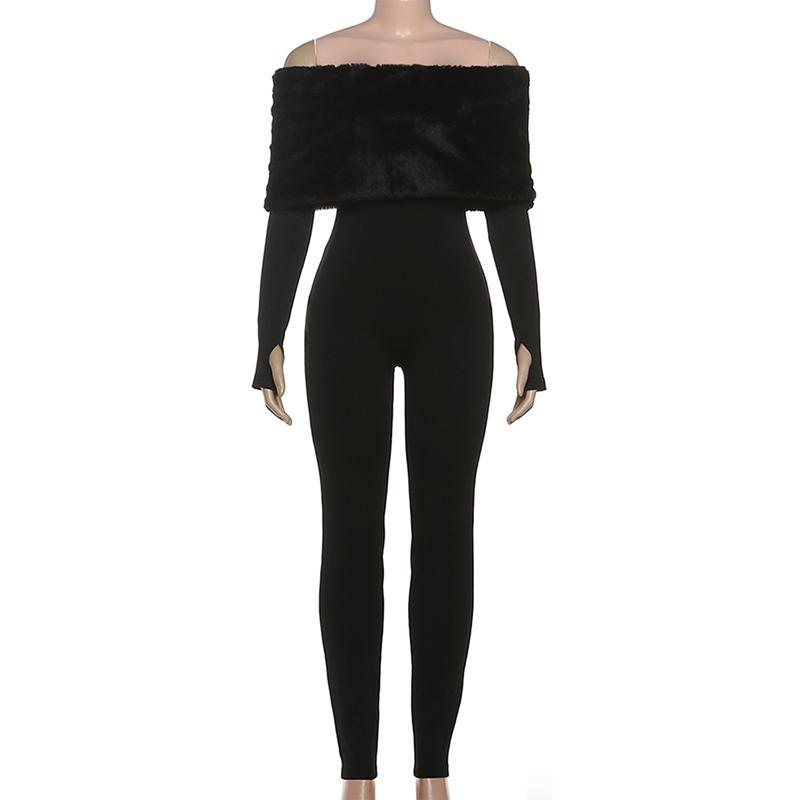 DOUCIU Basic Sporty Casual Tight-Fitting Sexy Hot Trendy Street Cool Women'S Thin Solid Color Fur Collar Spliced Off-Shoulder Long Sleeve Street Fashion Jumpsuit