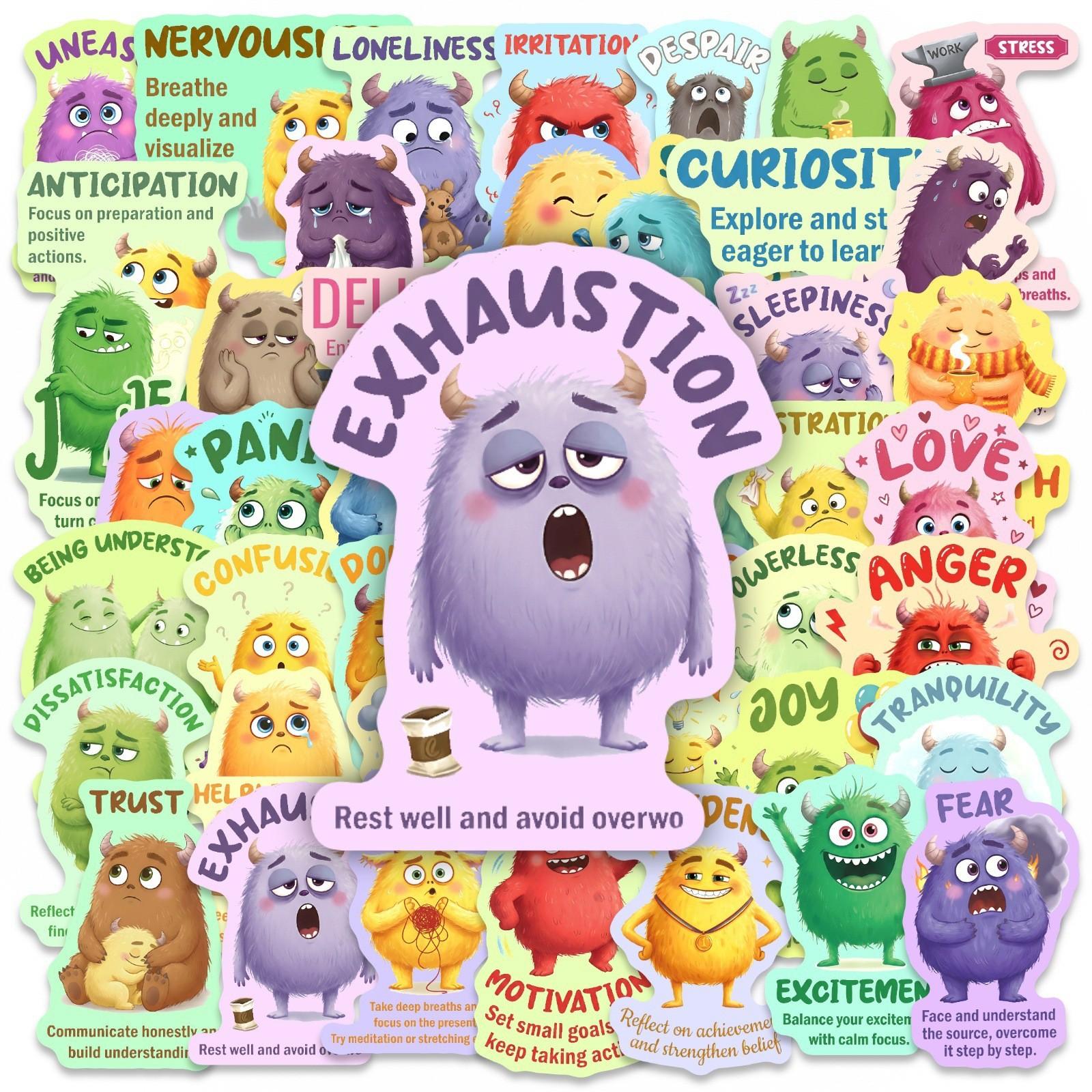 50 Sheets Emotion Recognition Monster Stickers, Mental Health Education Text Stickers, Waterproof DIY Scrapbook Material