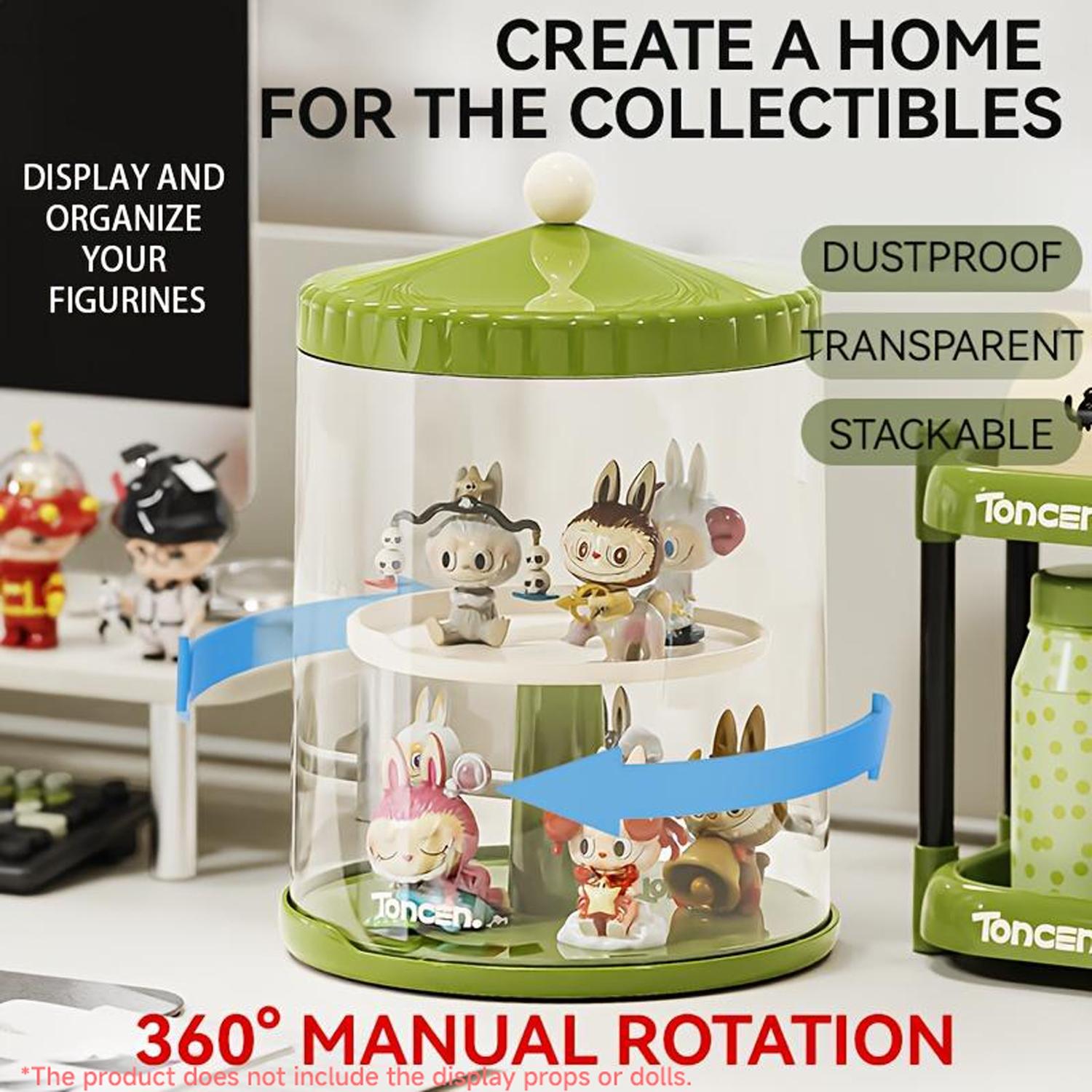 Handheld Doll Display Case, 360-Degree Rotating Base, Stackable Collectible Figurines Storage Box, Watch Jewelry Showcase, Collectible Organizer