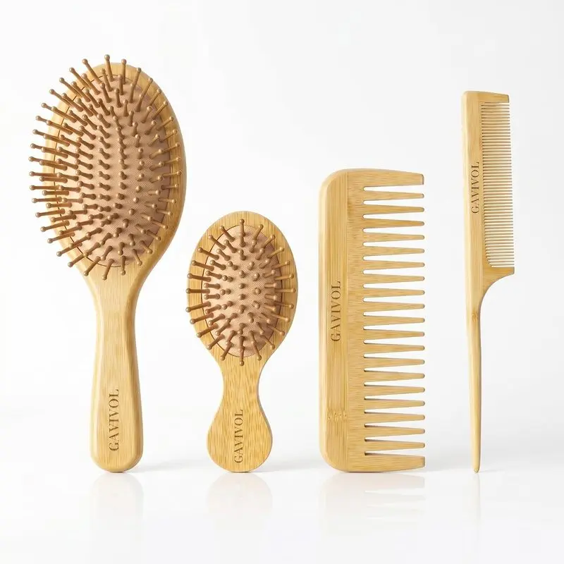 Bamboo Hair Brush 4 Piece Set,Large & Small Full Bamboo Cushion Massage Brush,Fine Tooth Tail Comb & Wide Tooth Comb,Paddle Detangling Brush for Dry, Curly and Wet Hair,for Women Men and Kids : Beauty & Personal Care