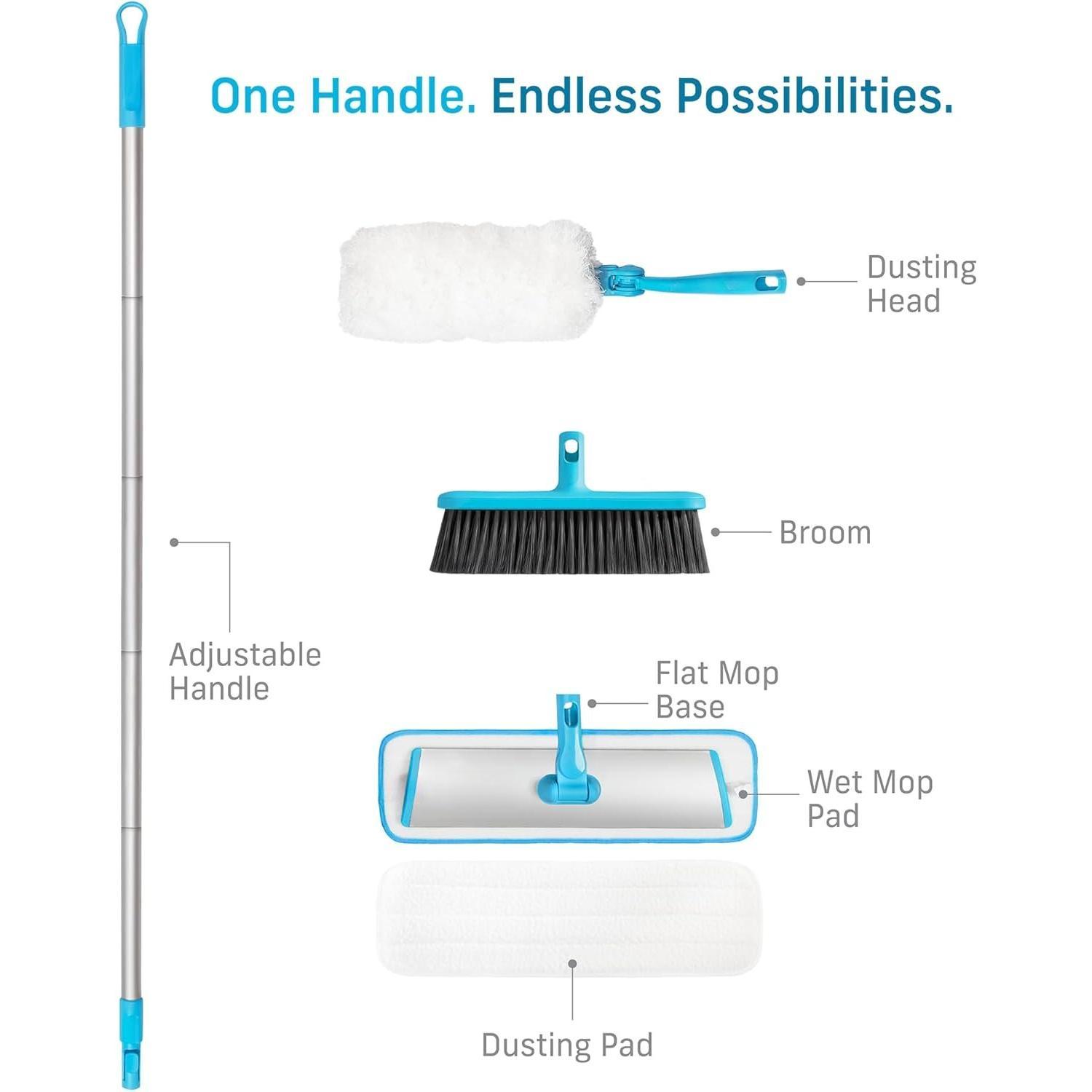 Easy-Click  Cleaning Supplies Set - Dust Broom & Flat Mop Kit for Floor Cleaning, Wall, Ceiling, & Floor Duster, Adjustable Handle, Interchangeable Heads, Washable Pads, No Refills Needed