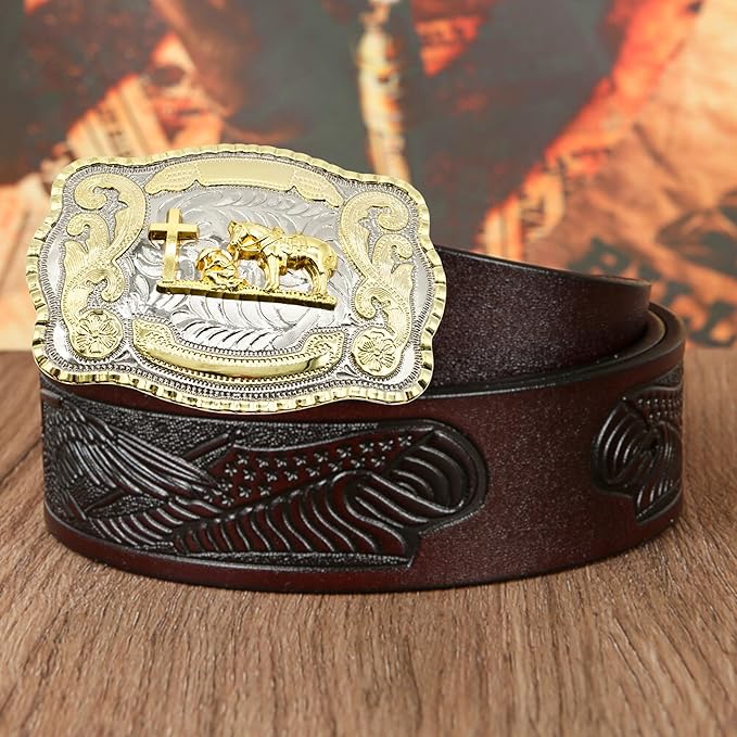 Western cowboy cross belt buckle, featuring a detailed praying cowboy and Mexican eagle motif, designed for unisex belts in rodeo style