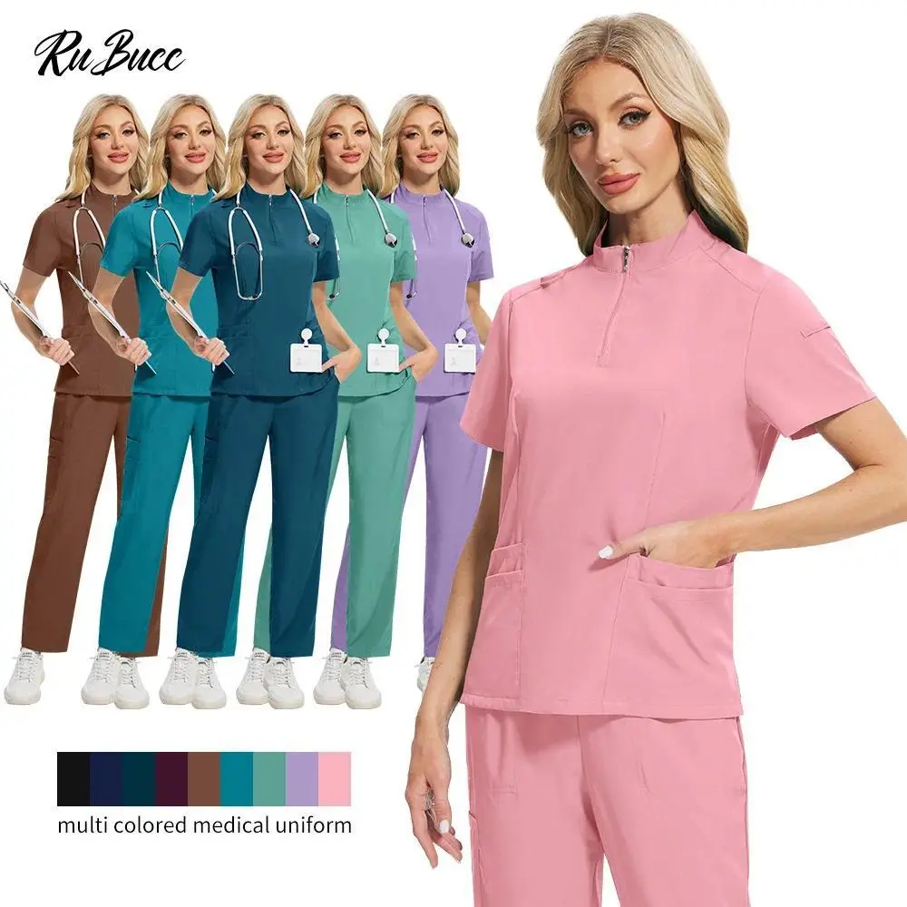 Unisex Medical Uniforms Zipper-neck Nurse Scurb Set Women Short Sleeve Hospital Doctor Workwear Oral Dental Surgery Work Uniform