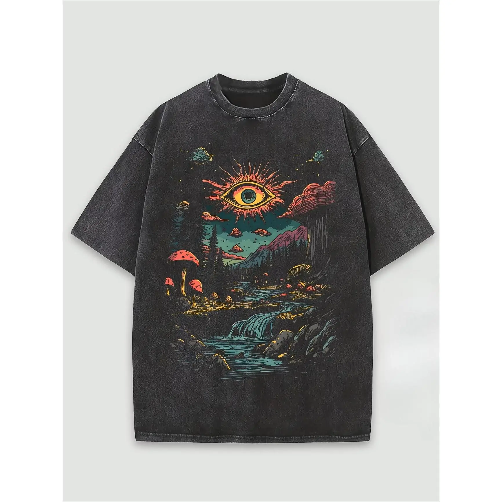 Psychedelic All Seeing Eye Mushroom Forest Graphic Washed Cotton Oversized T-Shirt, Vintage Gothic Fashion Outfit Comfort Loose Crew Neck Tee, Ideal Birthday & Holiday Gift For Him Her Friends Occult Art Lover Casual Streetwear Top