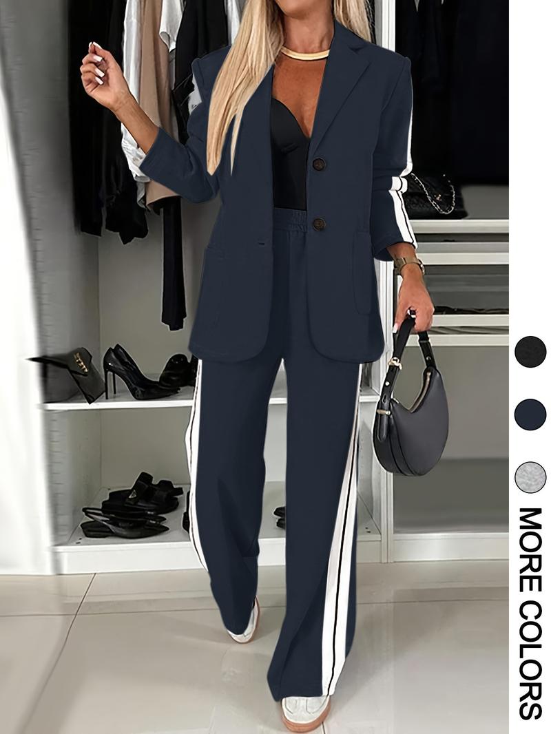 Valentine's Day Women's Striped Print Blazer Jacket & Wide Leg Pants Set, Casual Fitted Suit for All Seasons, Stylish Ladies' Clothing Ensemble