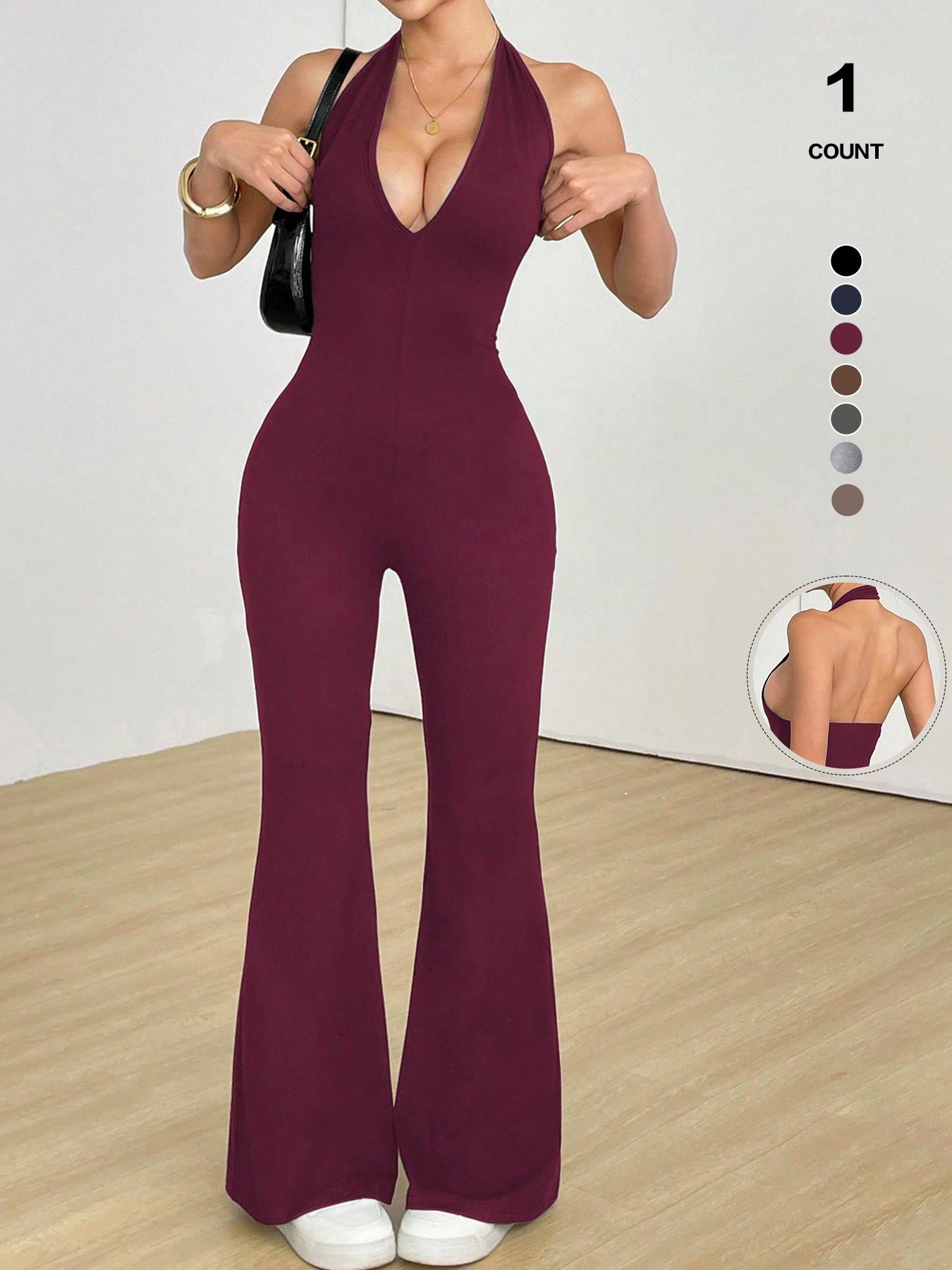 Women's Halter Neck Jumpsuit, Sleeveless Deep V Backless Chic Design, Flare Leg Romper for Casual Wear