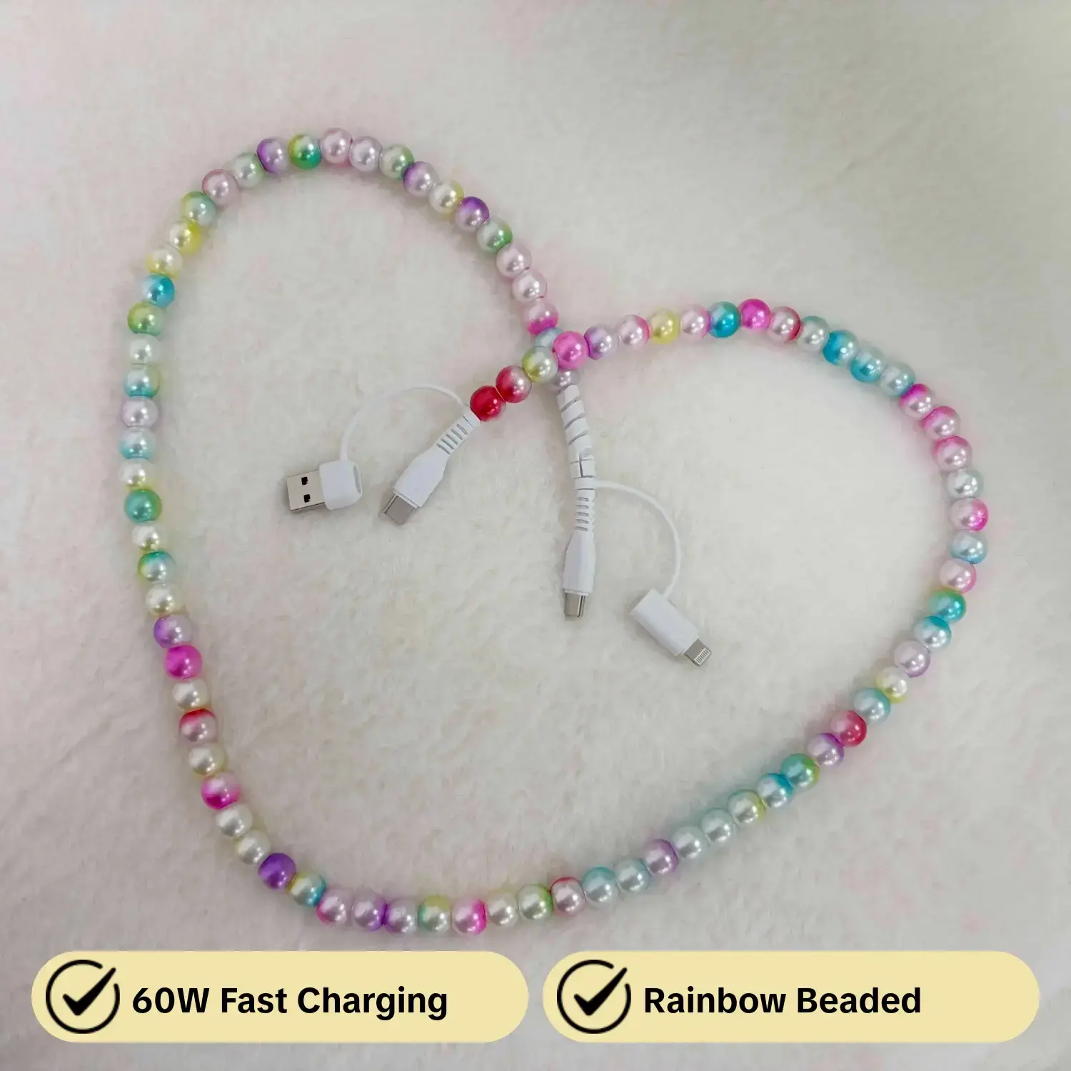 4 in 1 Rainbow Beaded Charging Cable Colorful Gradient USB Cable Electronic Mobile Accessory 60W Max Fast Charging Fits Charger Works With All USB C And Lightning Devices Perfect Fast Charge Cable For Ladies