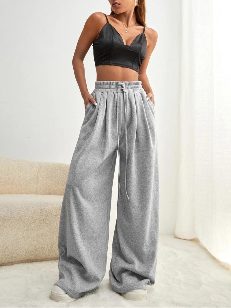 Women's Loose Fit Slimming Casual Sweatpants, Front Waist Tie Design Wide Leg Sport Pants, Drawstring Waist Athleisure, All-Season Fashion Joggers