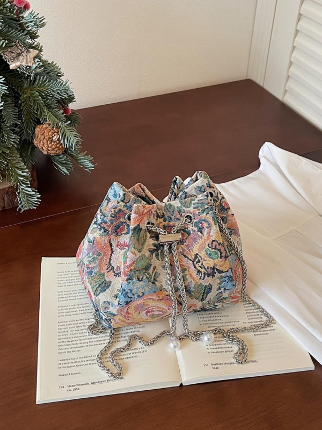 Elegant Floral Print Bucket Bag, Drawstring Design, Fashionable Crossbody Shoulder Bag, High-End Stylish Single Strap Bag
