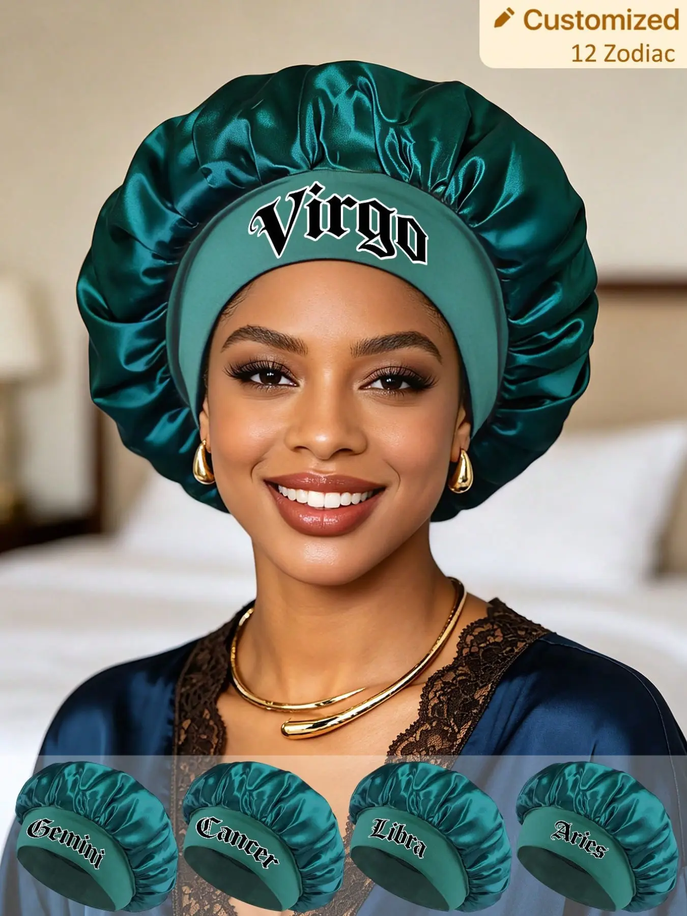 1PC Satin Sleep Bonnet With Custom 12 Constellation & Letter Patterns, Glossy Silky Hair Cover, Multi-scene Hair Wrap For Home Beauty Care, Leisure Relaxation And Short Trips, Exquisite Souvenir Gift For Women's Memorial Days