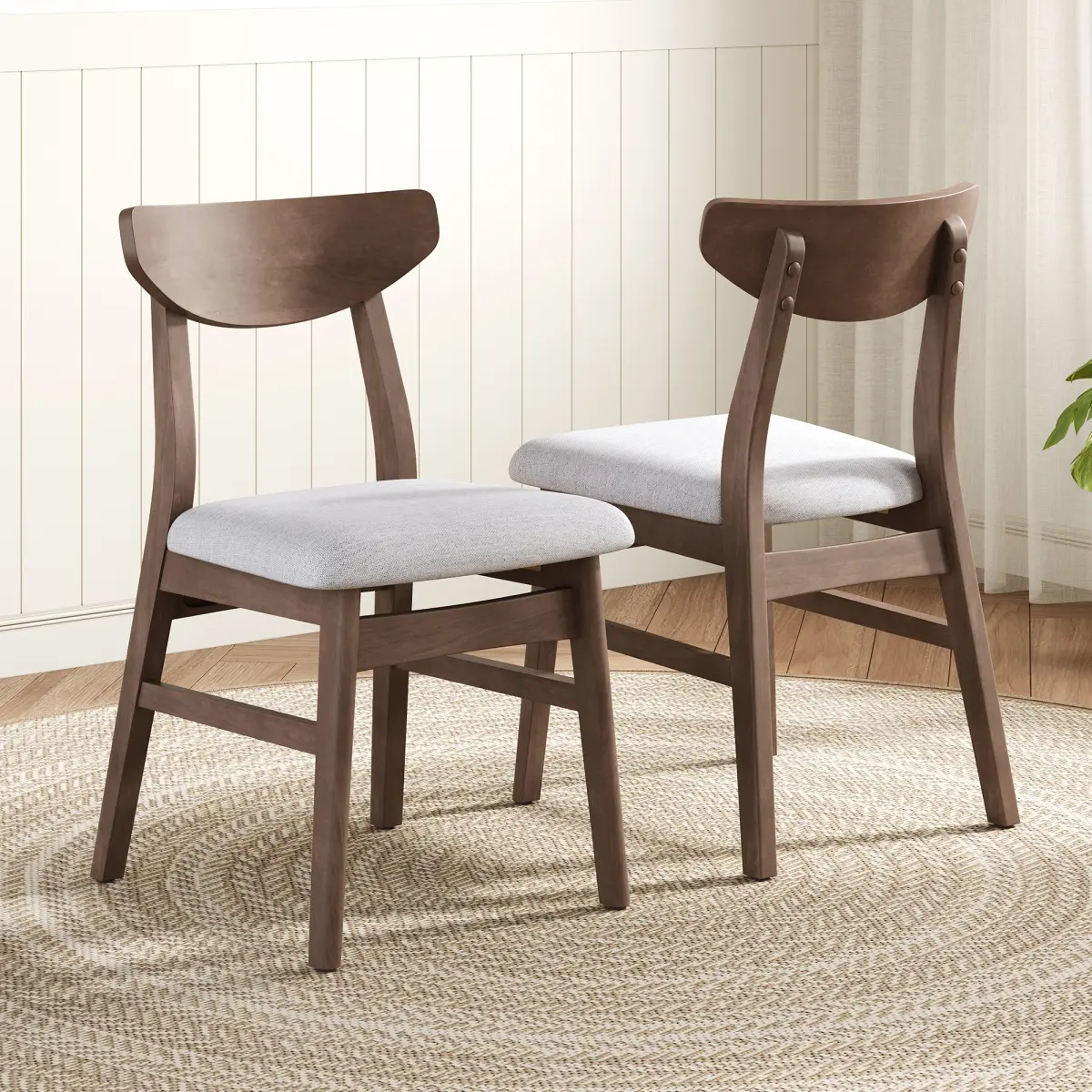 Set of 2 Modern Scandinavian Chairs - Curved Wood Backrest & Gray Fabric Seat, Brown Finishes for Living Room, Dining Room, Easy to Assemble
