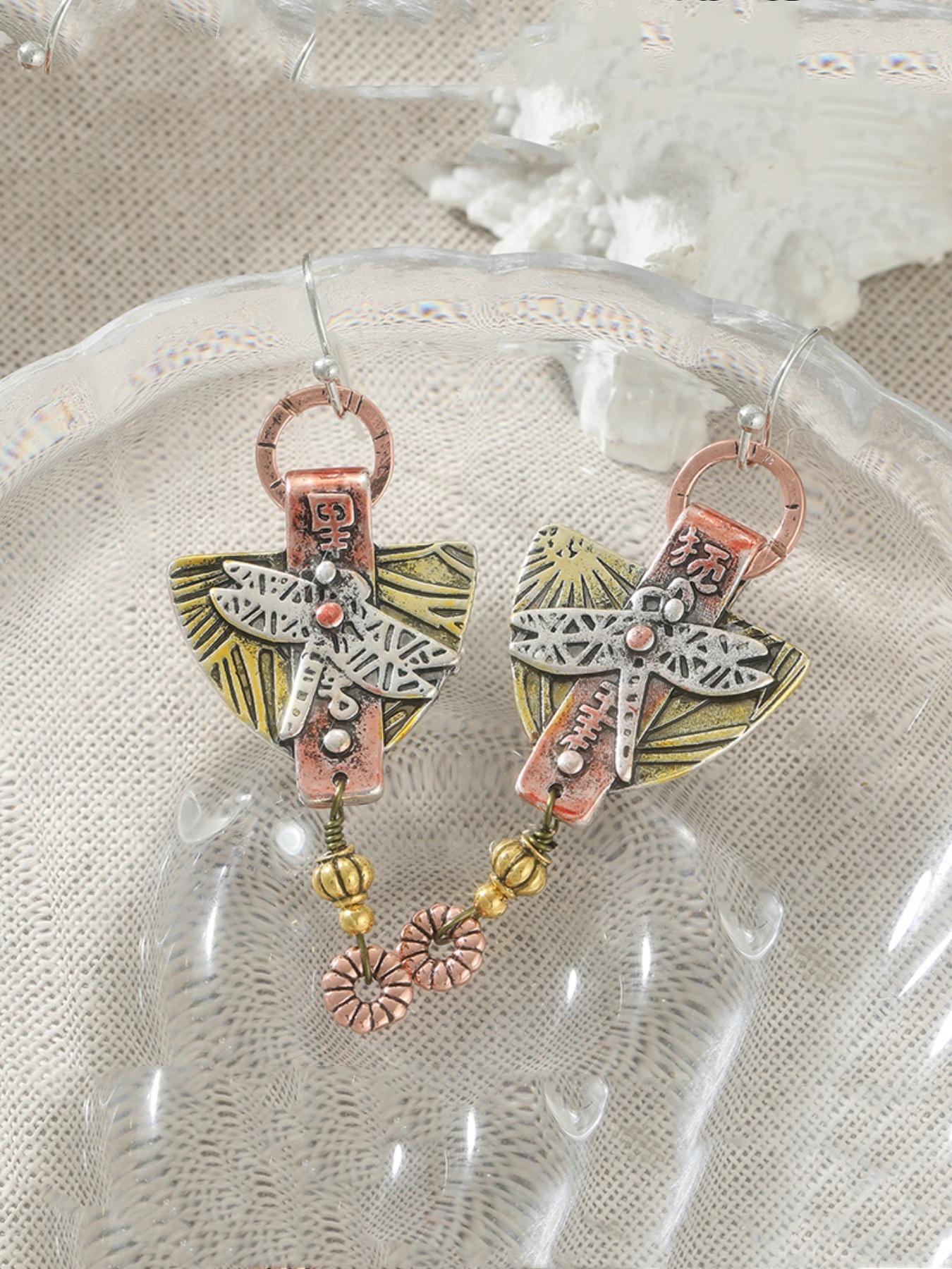 1pair of Ethnic Carved Dragonfly Geometric Drop Hook Earrings Pendientes Women's Vintage Round Triangle Dangle Earrings