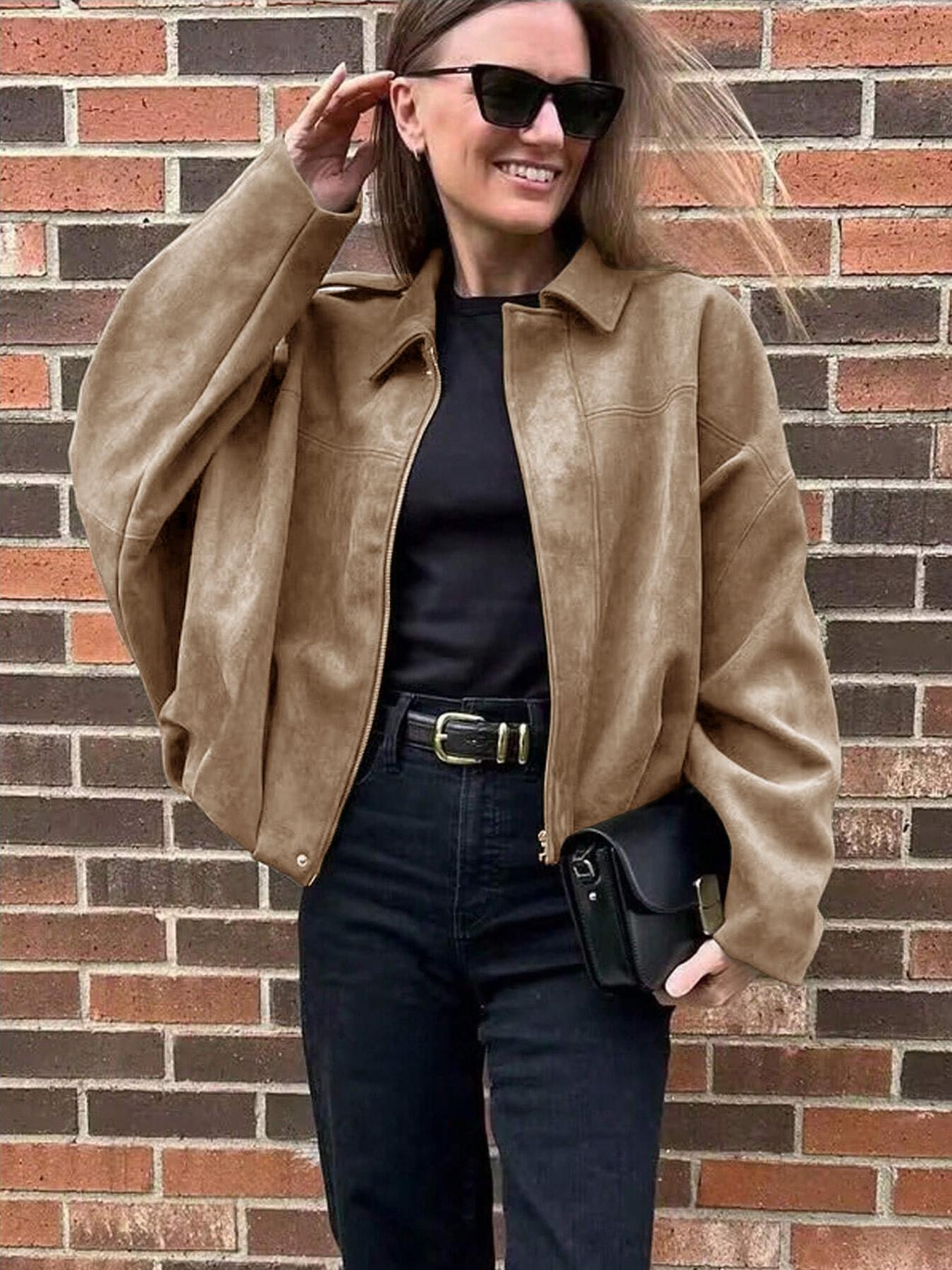 Women's Autumn Winter Suede Texture Zipper Loose Fit bomber jacket, Stylish Turn-Down Collar Design for Casual Wear Coats Outerwear Womenswear