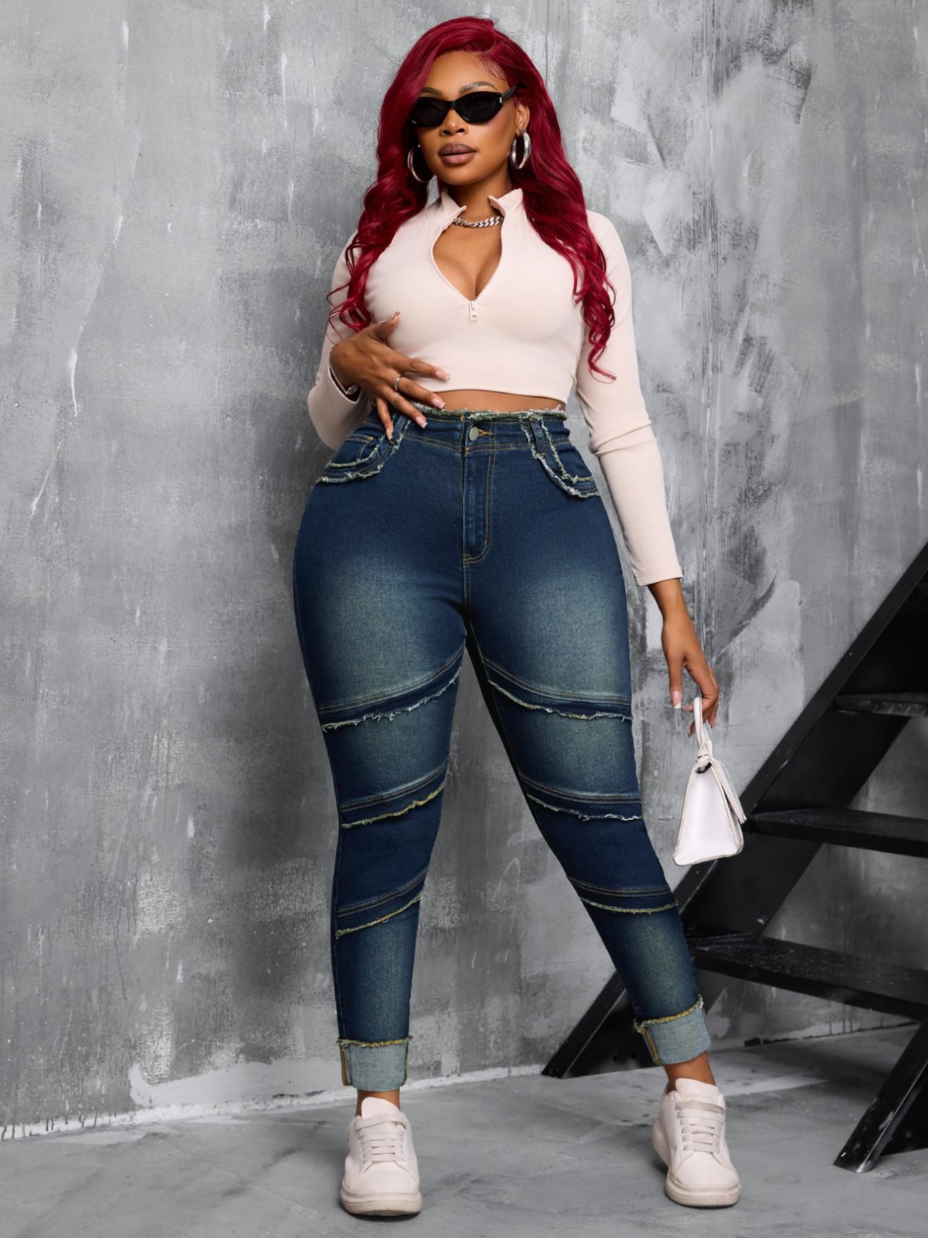 【Plus Size】 Raw Hem High Waist Dark Wash Stretchy Denim Jeans, Basic Comfy Slim-fitting Outfits Women's Bottoms for Summer 【Plus Size】 Raw Hem High Waist Dark Wash Stretchy Denim Jeans, Basic Comfy Slim-fitting Outfits Women's Bottoms for Summer