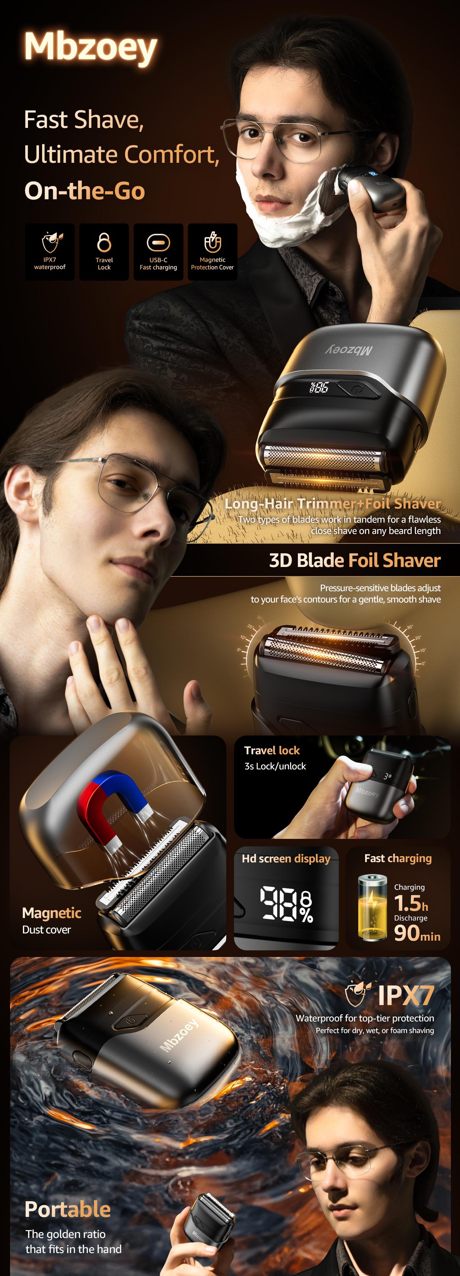 [TikTokShopStockUp]Mbzoey Foil Shavers for Men, Mini Razor, Compact Face Shaver, IPX7 Waterproof Wet Dry Fathers Day Gift Steel Facial smartliving Titanium