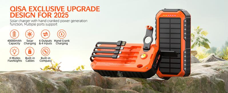 Solar Charger Power Bank 40000mAh Built in 4 Cables and Hand Crank, Portable Charger 22.5W Fast Charger 6 Outputs & 4 Inputs External Battery Pack with Bright Flashlight and Compass