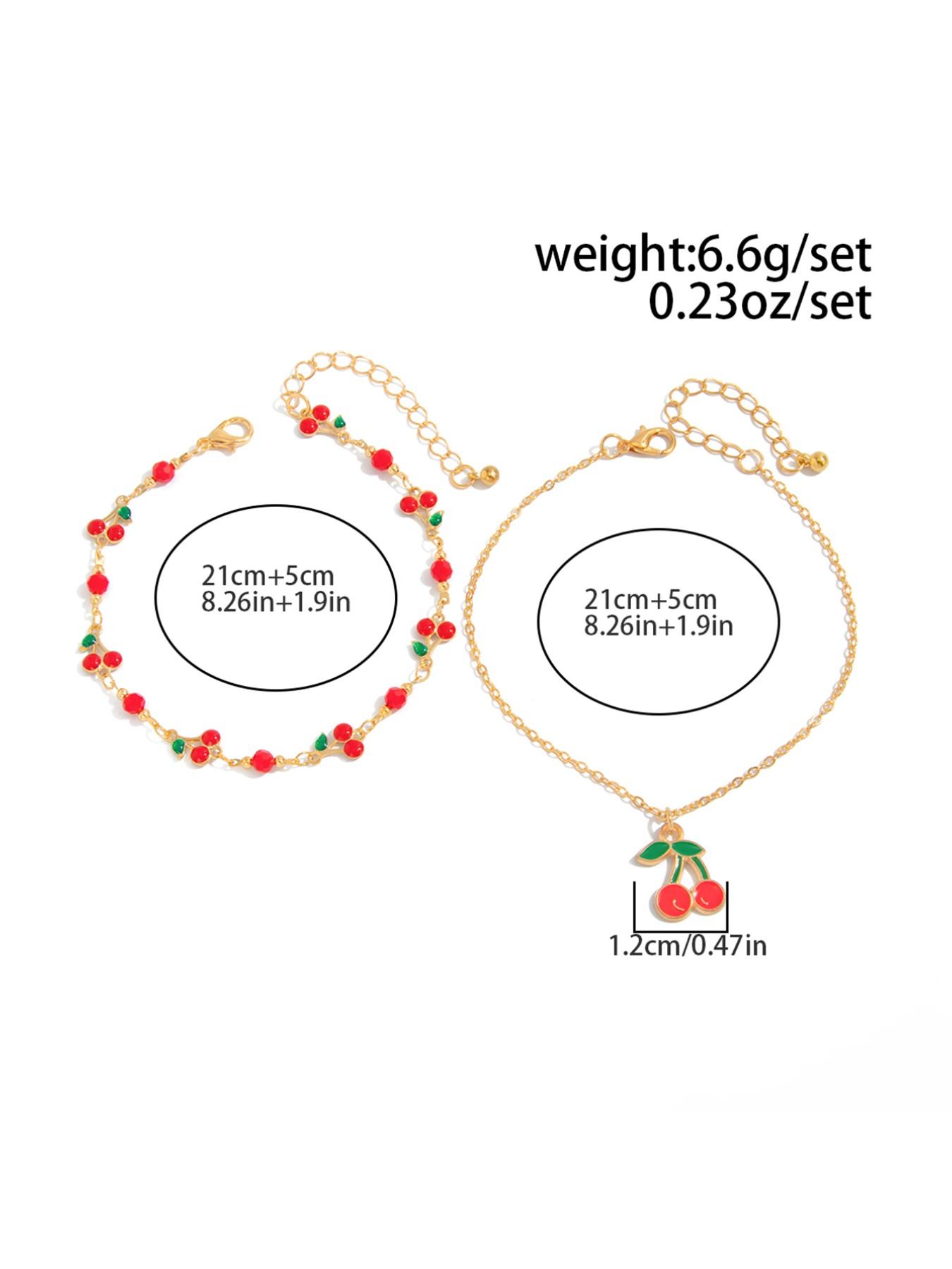 Beaded Multi-Layer Anklet Set, Cherry Design, Cute Style, Zinc Alloy Material, Spring Summer Fashion Accessory