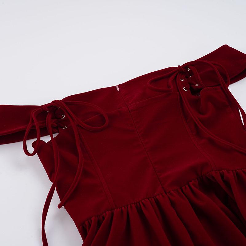 Elegant Banquet Style Solid Wine Red Off-Shoulder Bow Panel Dress. Sleeveless Cold-Shoulder Tie-Waist A-Line Mini Skirt. Perfect for Birthday Formal Occasion Puff Party Dress.