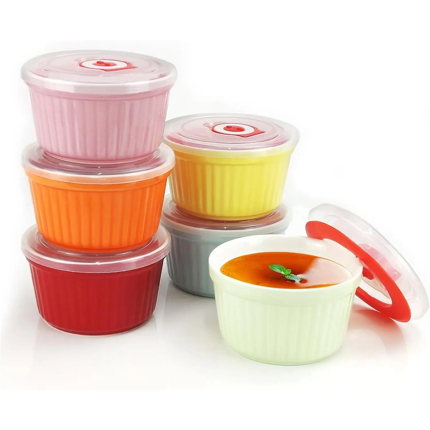 Colorful 6-Piece 8 Oz Ceramic Bakeware Ramekins with Lids - Custard Cups for Souffle, Creme Brulee, Oven-Safe, Dishwasher-Safe