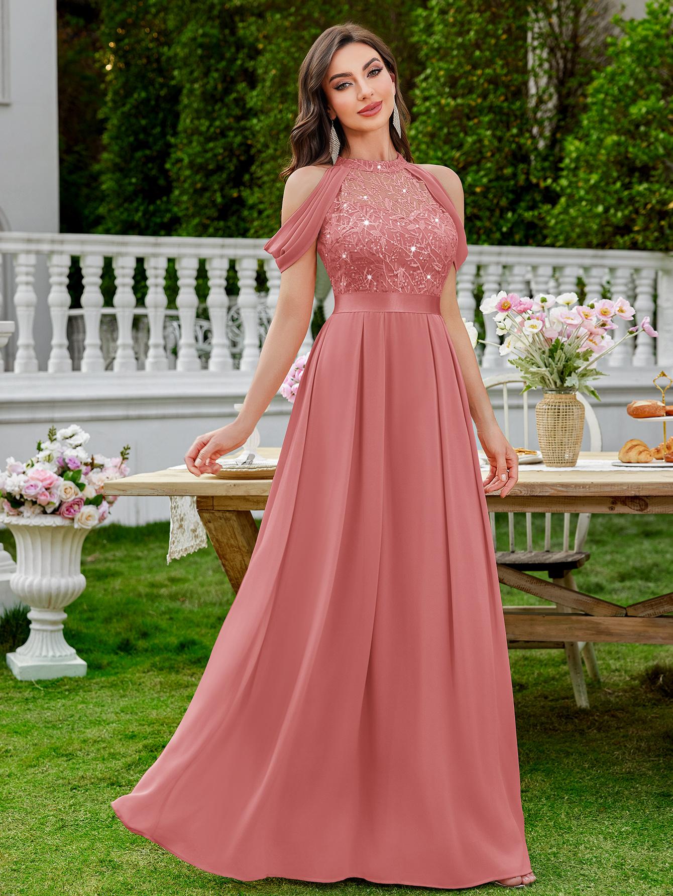 MIUSOL 24413A Women's Elegant Halter Sequin Embroidered Lace Off Shoulder Chiffon Sleeve Formal Evening Party Maxi Dress for Cocktail and Prom Events