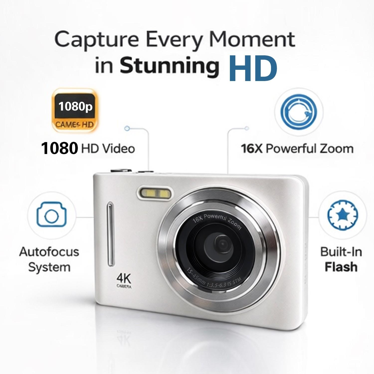 Digital Video Camera for Travel, Outdoor Photography, 1080P Lens, Auto Focus, Image Stabilization, 16x Zoom, 32GB Card, Dual Batteries