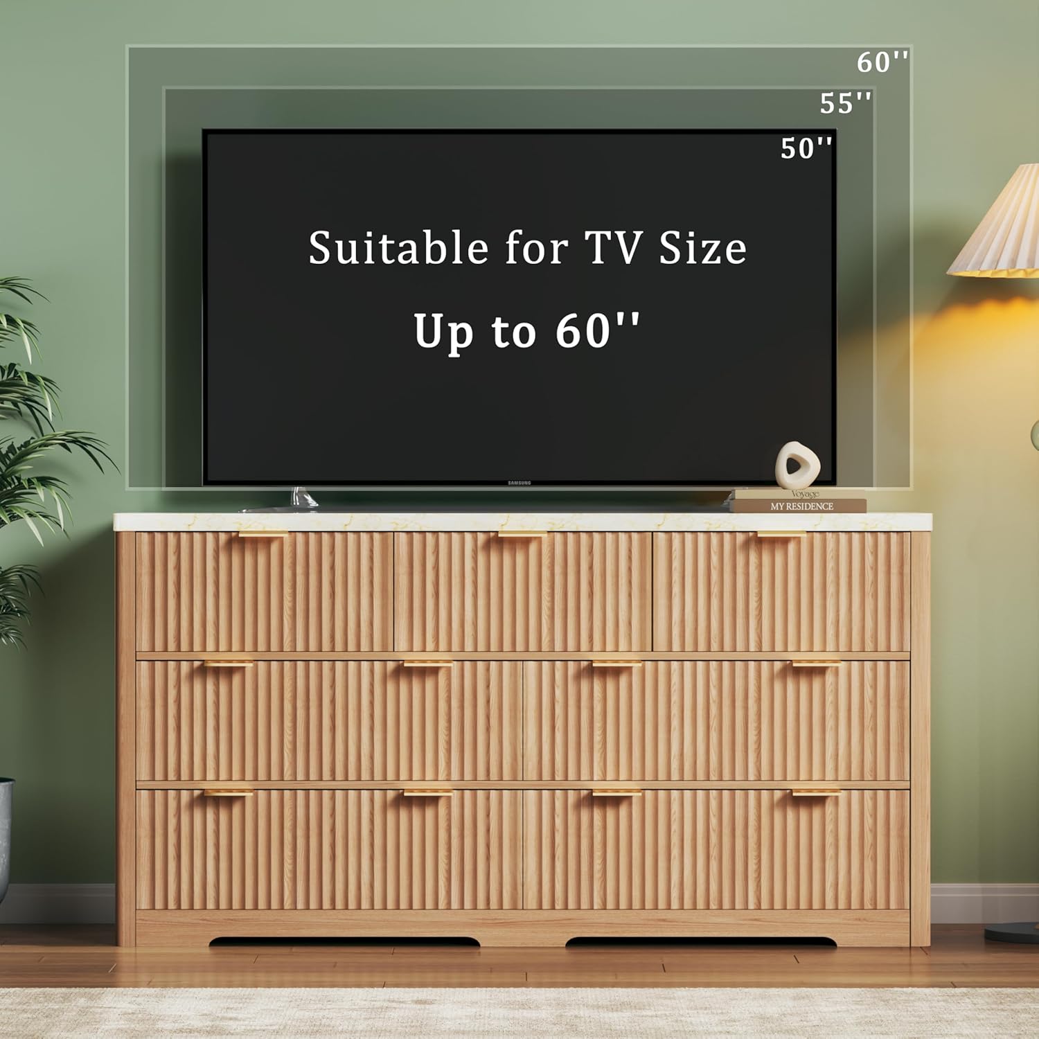 Fluted Dresser for Bedroom with 7 Drawers, 53'' Modern Dressers with Faux Marble Top, Mid Century Chests of Drawers with Gold Handle & Curved Profile, Natural Wood TV Dresser for Bedroom, Living Room