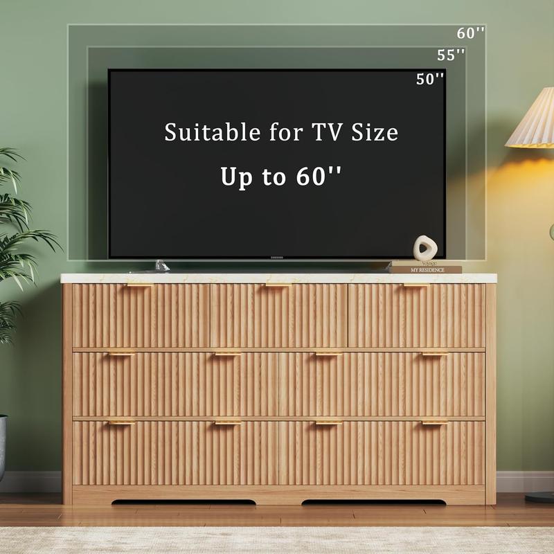 Fluted Dresser for Bedroom with 7 Drawers, 53'' Modern Dressers with Faux Marble Top, Mid Century Chests of Drawers with Gold Handle & Curved Profile, Natural Wood TV Dresser for Bedroom, Living Room