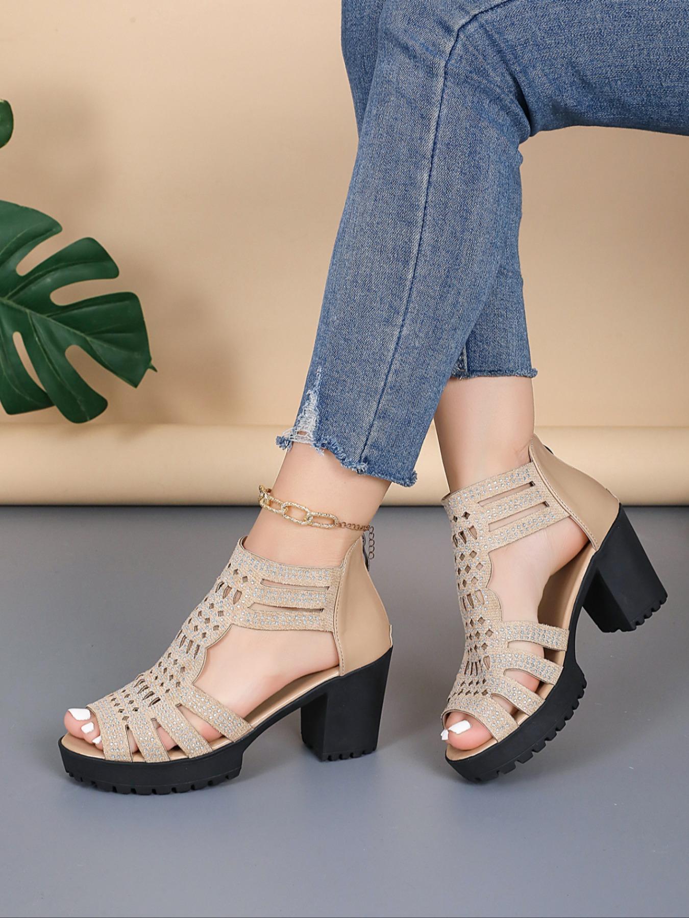 Women's Fashionable Hollow Out Design Chunky Heeled Sandals, High Heeled Sandals, Casual Comfortable Sandals for Daily Wear, Trendy All-match Shoes for Daily Wear, Girl