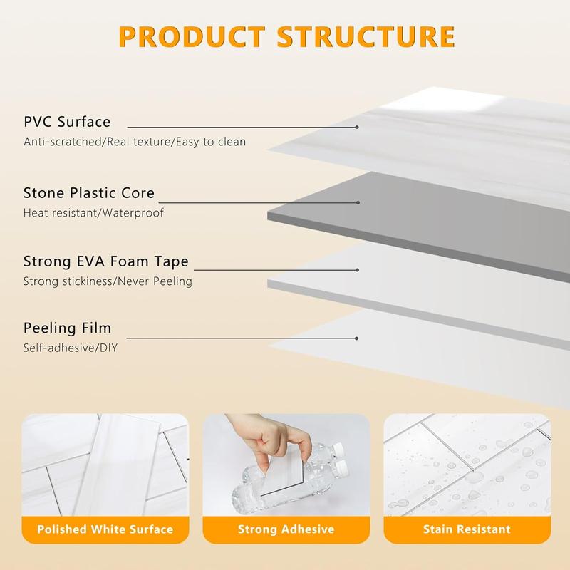 Vamos Tile 100-Piece Glossy Wooden Marble Grain Peel and Stick Backsplash Tile,3''x6'' PVC Subway Tile with White Grout, Stick on Backsplash for Kitchen/Bathroom/Fireplace