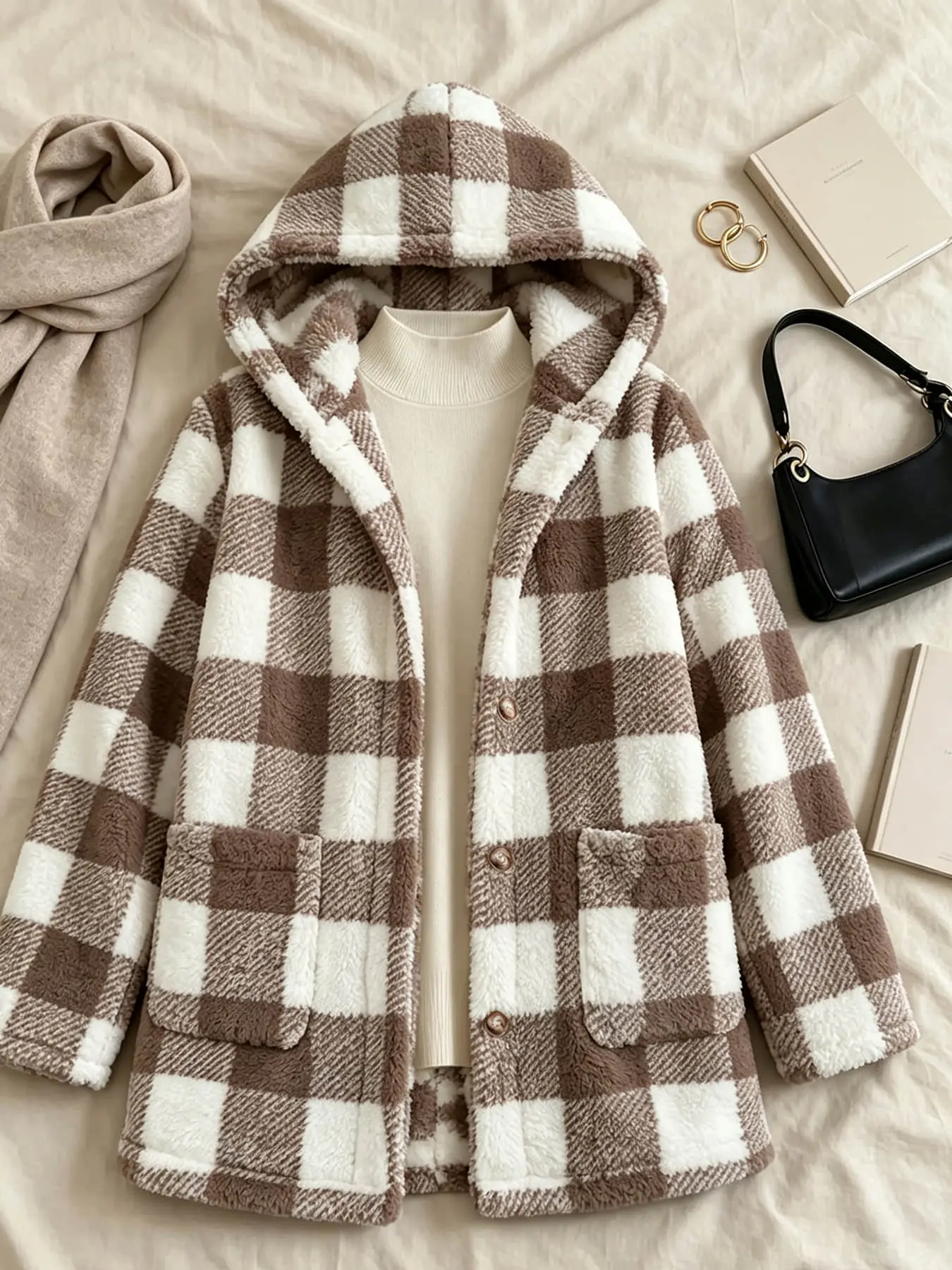 A fashionable and casual retro plaid plush jacket for women, with a hooded single breasted design, suitable for daily, commuting, and outdoor wear in autumn and winter