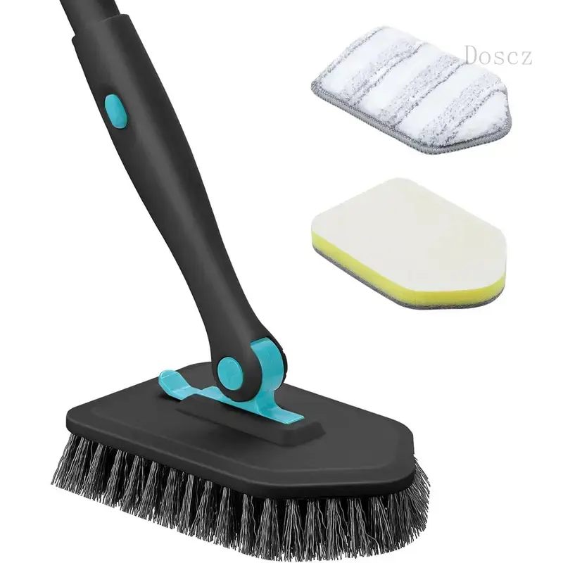 4-in-1 Black Adjustable Steel Handle Cleaner - Detachable Heads, Pad, Floor Squeegee, Tile Scrubber for Tub, Sink