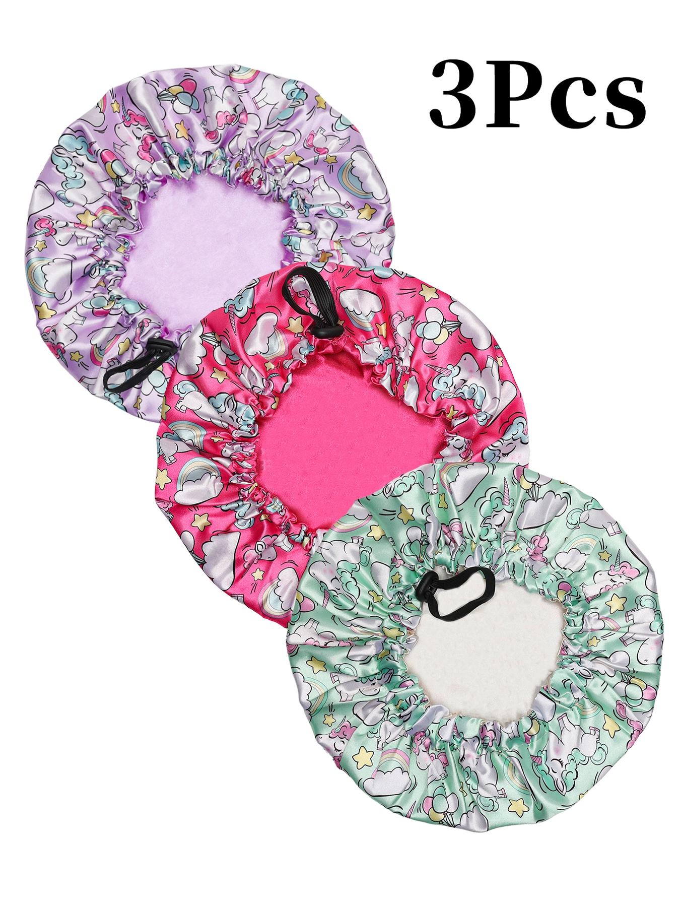3-Piece Kids Printed Fun Patterns Drawstring Button Elastic Double-Layer Satin Hat, Casual Breathable Comfortable Daily Wear Headwear