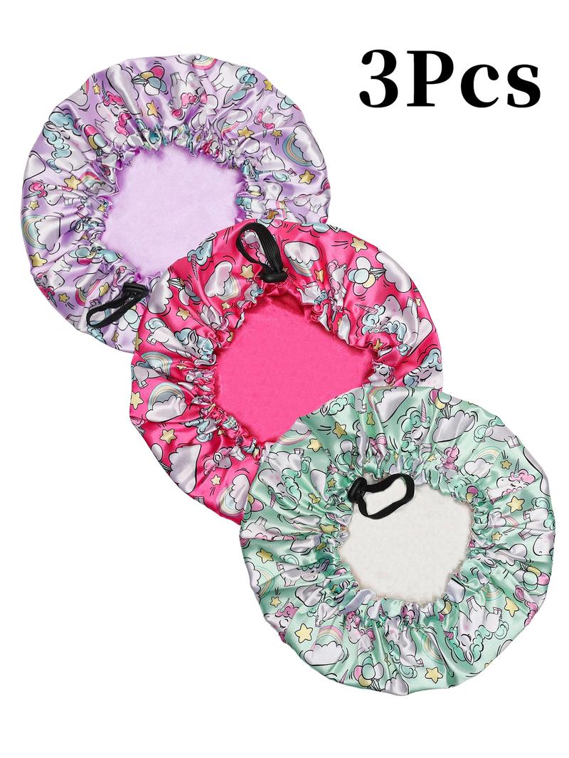 3-Piece Kids Printed Drawstring Button Elastic Double-Layer Satin Hat, Casual Breathable Comfortable Daily Wear Headwear