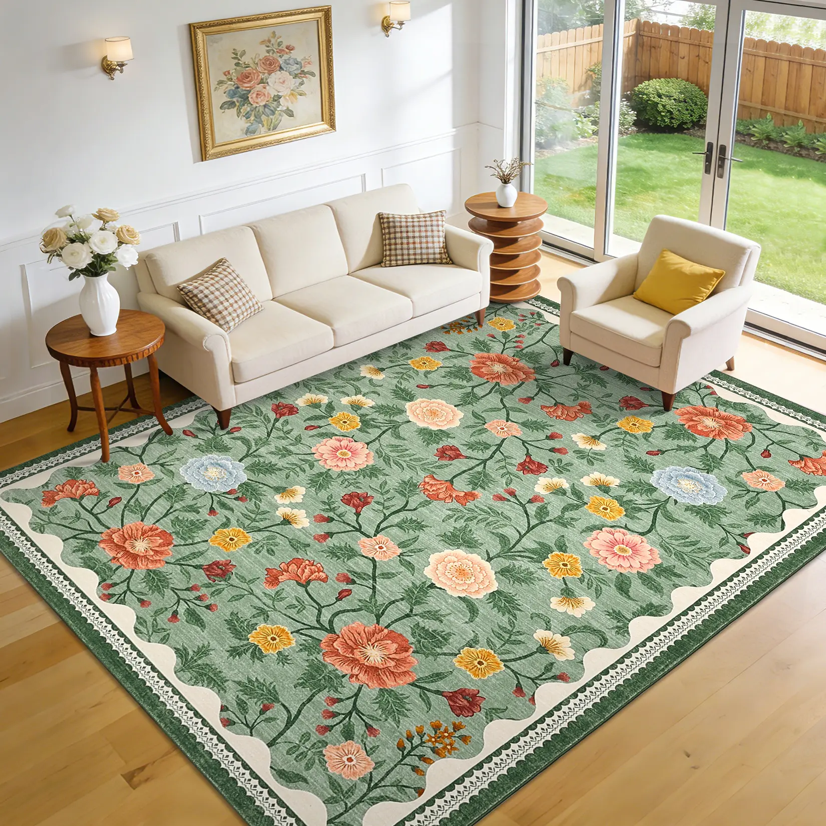 Washable Area Rug, Vintage Floral Boho Rug, Non-Slip Water Repellent Stain Resistant Carpet, Pet Friendly Low-Pile Non-Shedding Rug for Living Room, Bedroom, Dining Room, Office & Farmhouse Home Decor Patio