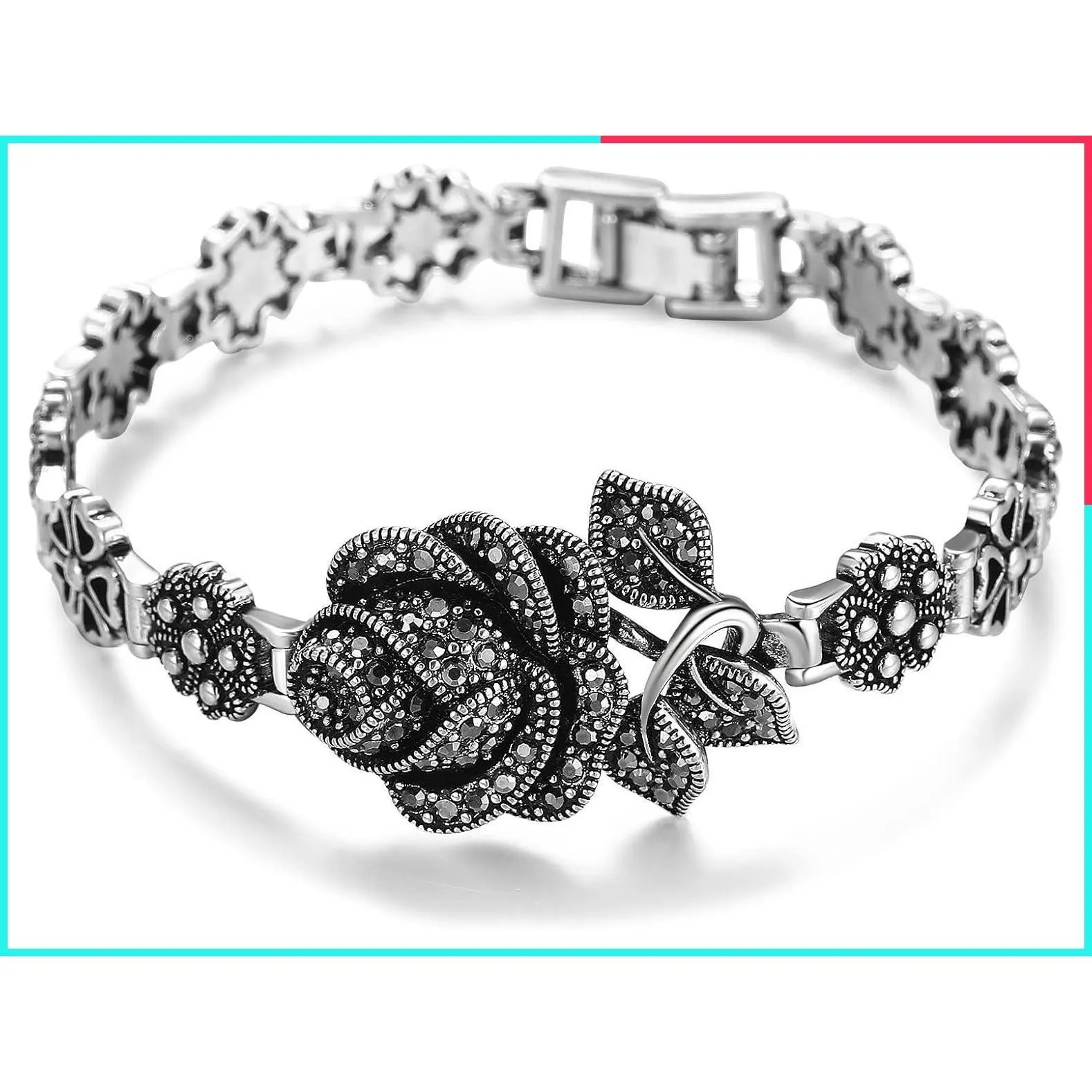 Vintage Black Onyx Chain Link Rose Flower Design Marcasite Silver Bangle Bracelet for Women Jewelry Gift