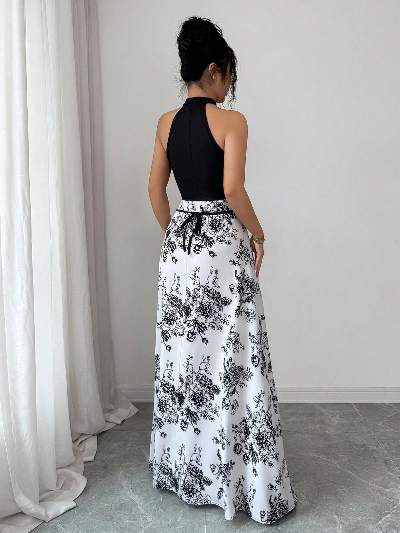 Women's Summer New French Patchwork Sleeveless Dress, Unique Design Floral Print Backless Colorblock Slim Waist Dress, Elegance, Chic, Fashionable and Stylish, Elegant Summer Dress