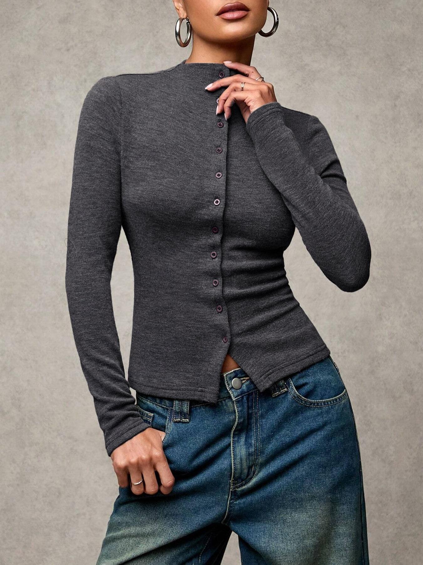 Women's Spring & Fall Casual Slim-Fit Plain Shirt Collar Long Sleeve Single-Breasted Top Blouse, Comfortable Daily Wear for Women