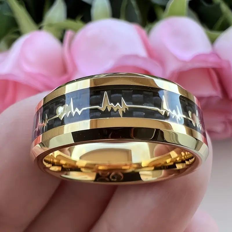 8Mm Beveled Stainless Steel Ring With Inlaid Black Carbon Fiber And Gold Heartbeat Pattern, Minimalist Daily Wear Statement Band Jewelry
