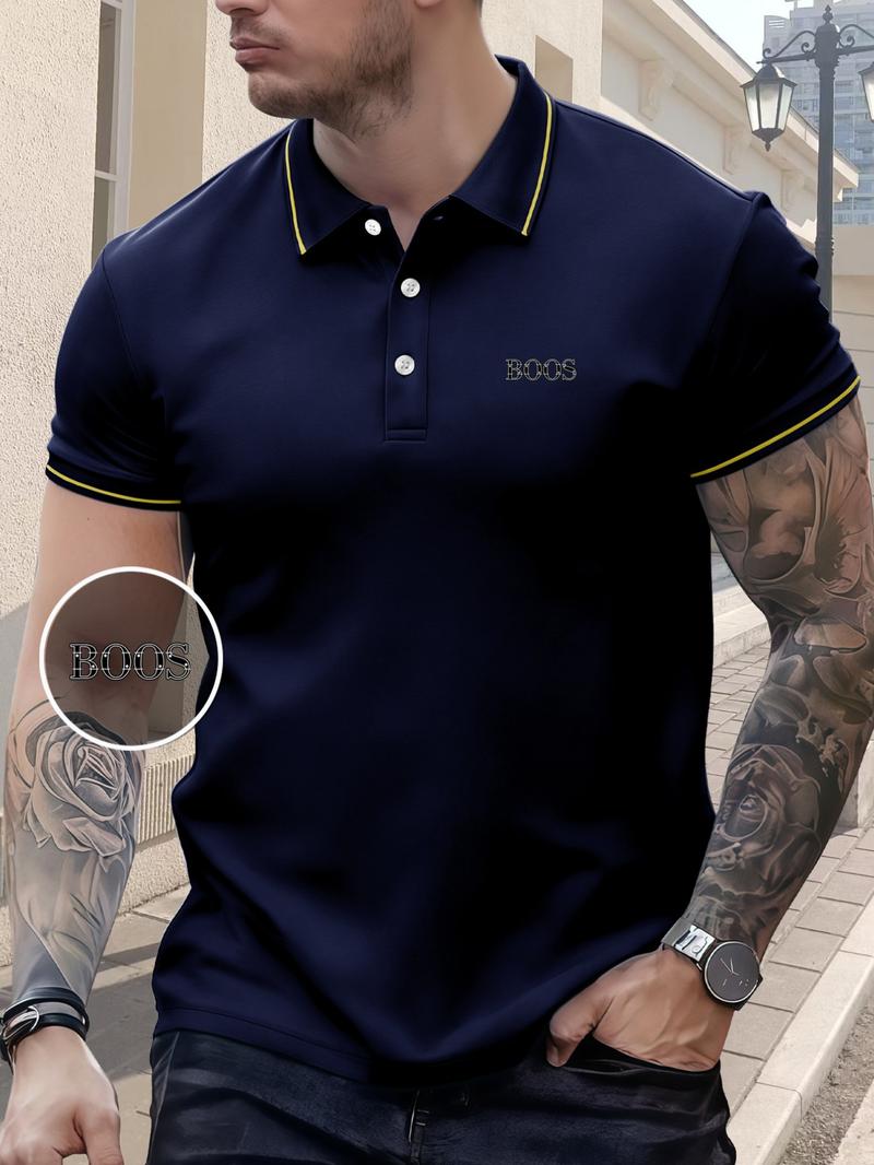 Men's Regular Fit Letter Print Contrast Trim Polo Shirt, Casual Short Sleeve Half Zip Top for Summer, Fashion Men's Clothes for Daily Wear, Tropical