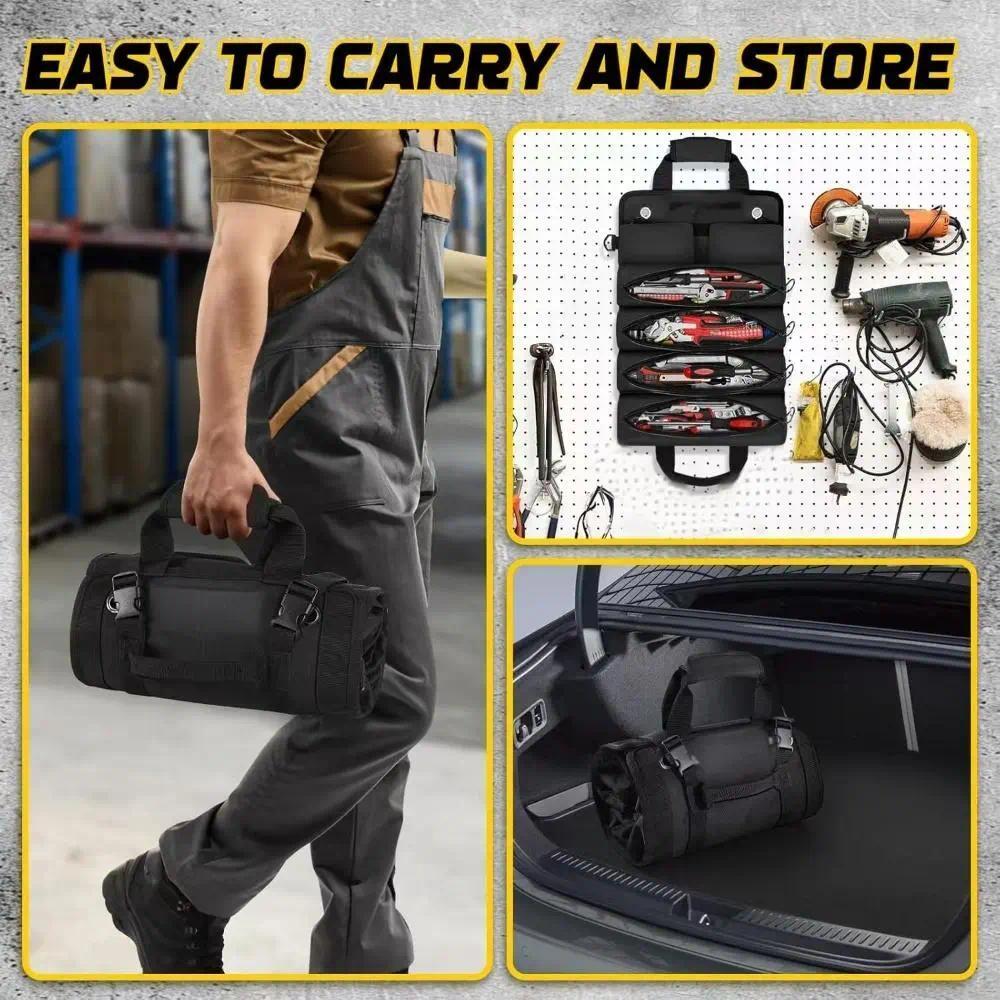 Heavy-duty waterproof tool organizer with 6 pockets.Removable and adjustable, suitable for electrician's, carpenter's and construction worker's tool belts.Portable and practical storage tool kit.Roll-up tool bag.  Tool Roll with Carrying Handle versatile