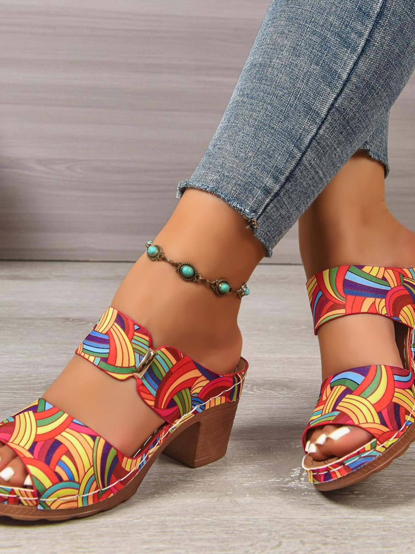 Boho Style Thick Heel Sandals, Colorful Print Flip Flops, Perfect for Vacation, Comfortable and Stylish Footwear