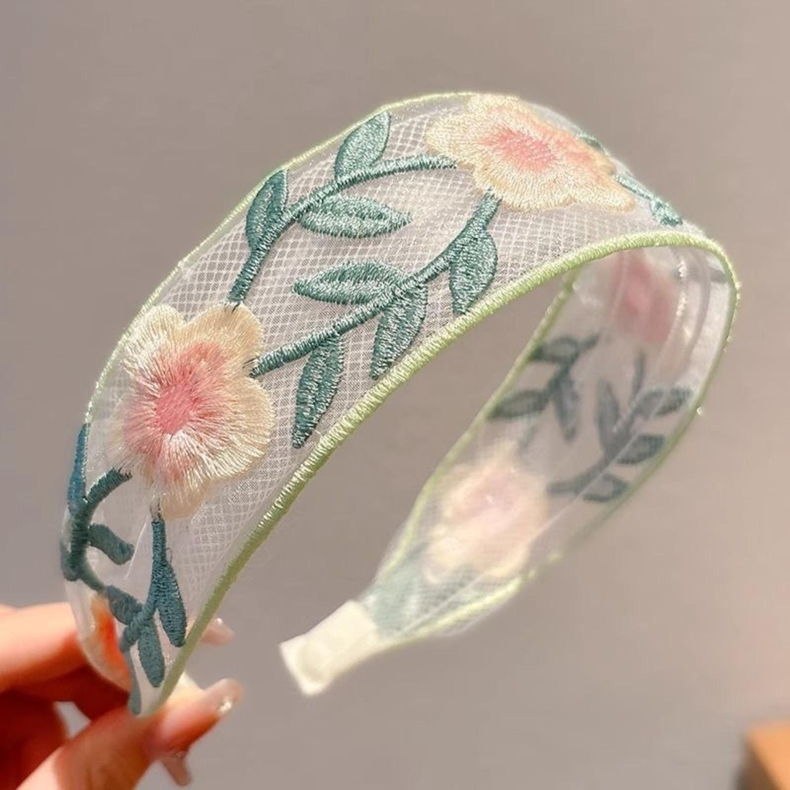 2026 Spring Summer Ethnic Lace Embroidery Floral Wide Headband, Fluffy High Crown Elegant Ruffle Hair Accessories for Girls Women